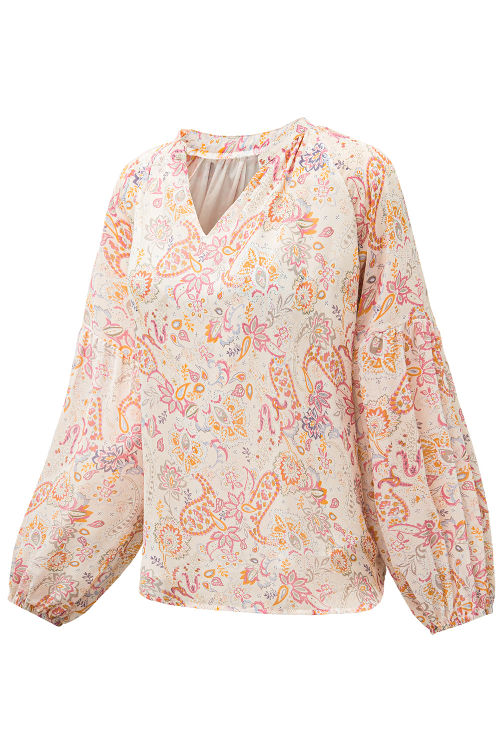 Orange Floral Print V Neck Long Puff Sleeve Top