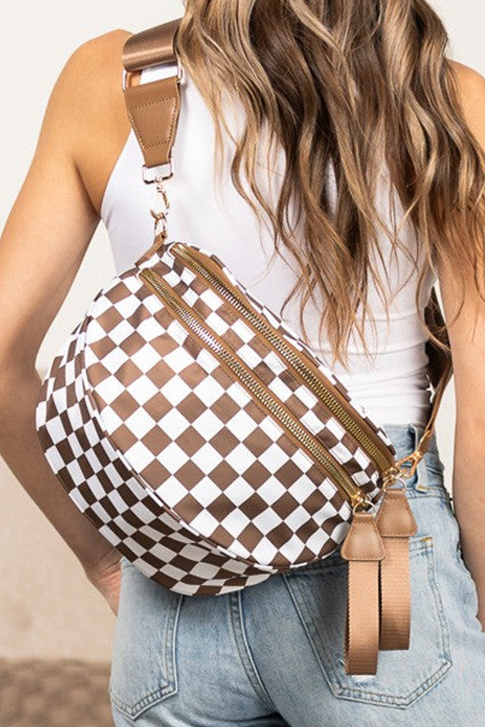 Blackish Green Checkered Print Wide Strap Large Crossbody Bag