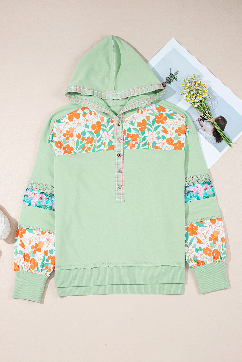 Clearly Aqua Lace Floral Patchwork Hooded Henley Top