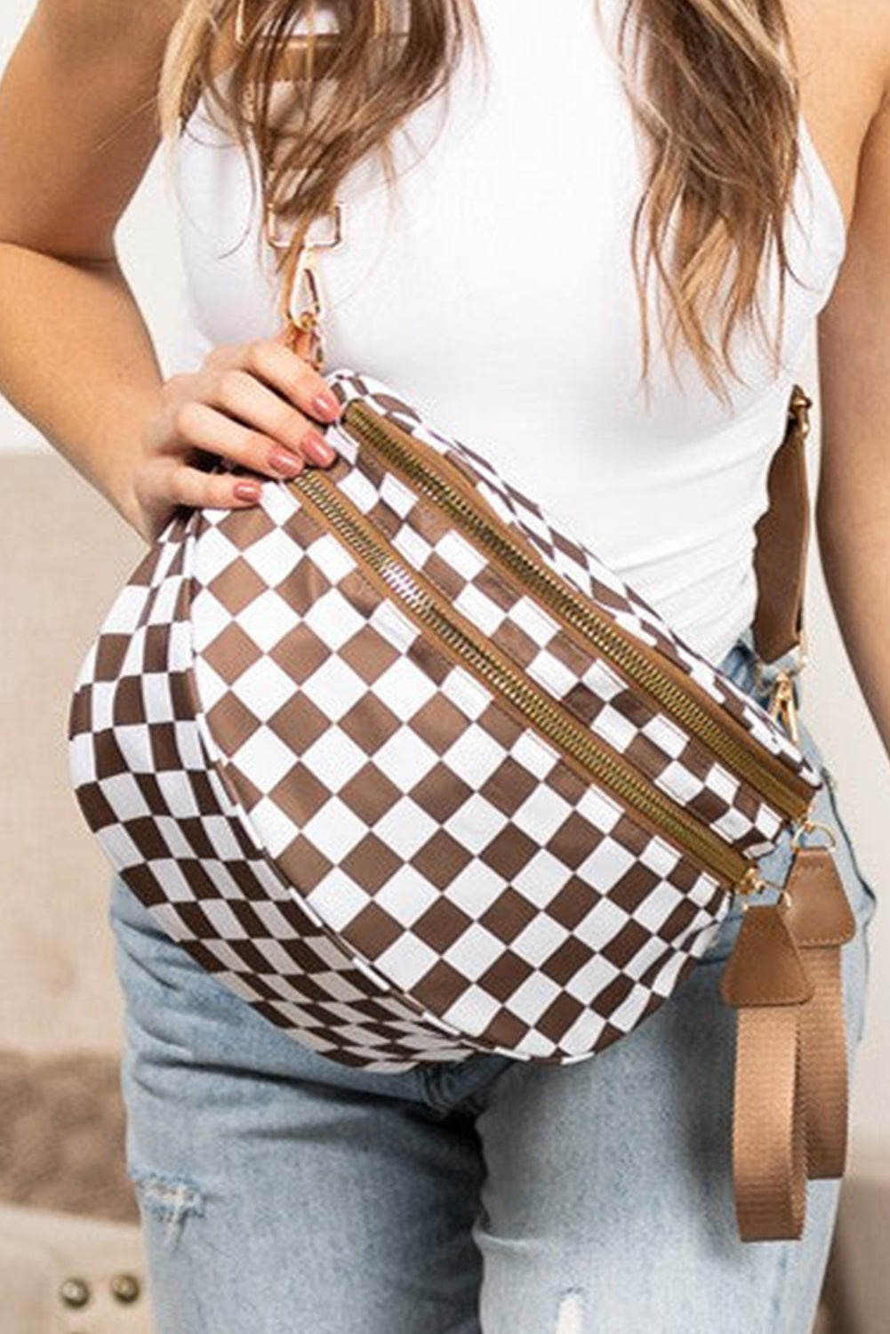 Blackish Green Checkered Print Wide Strap Large Crossbody Bag