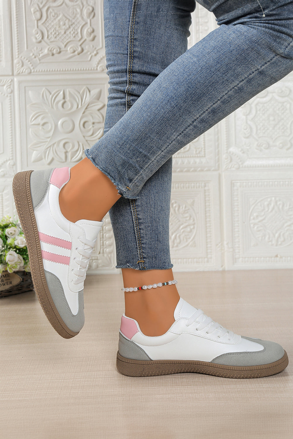 Rose Red Color Block Lace Up Sneakers