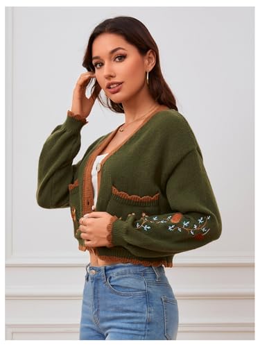 BEAUDRM Women's Flower Embroidery Cardigans Sweaters Long Sleeve Button Down Knitted Loose Outwear Multicolor XX-Small