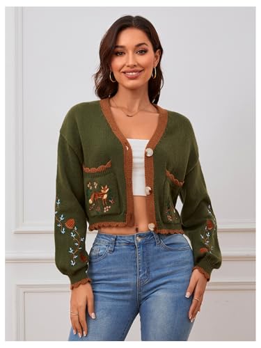 BEAUDRM Women's Flower Embroidery Cardigans Sweaters Long Sleeve Button Down Knitted Loose Outwear Multicolor XX-Small