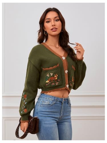 BEAUDRM Women's Flower Embroidery Cardigans Sweaters Long Sleeve Button Down Knitted Loose Outwear Multicolor XX-Small