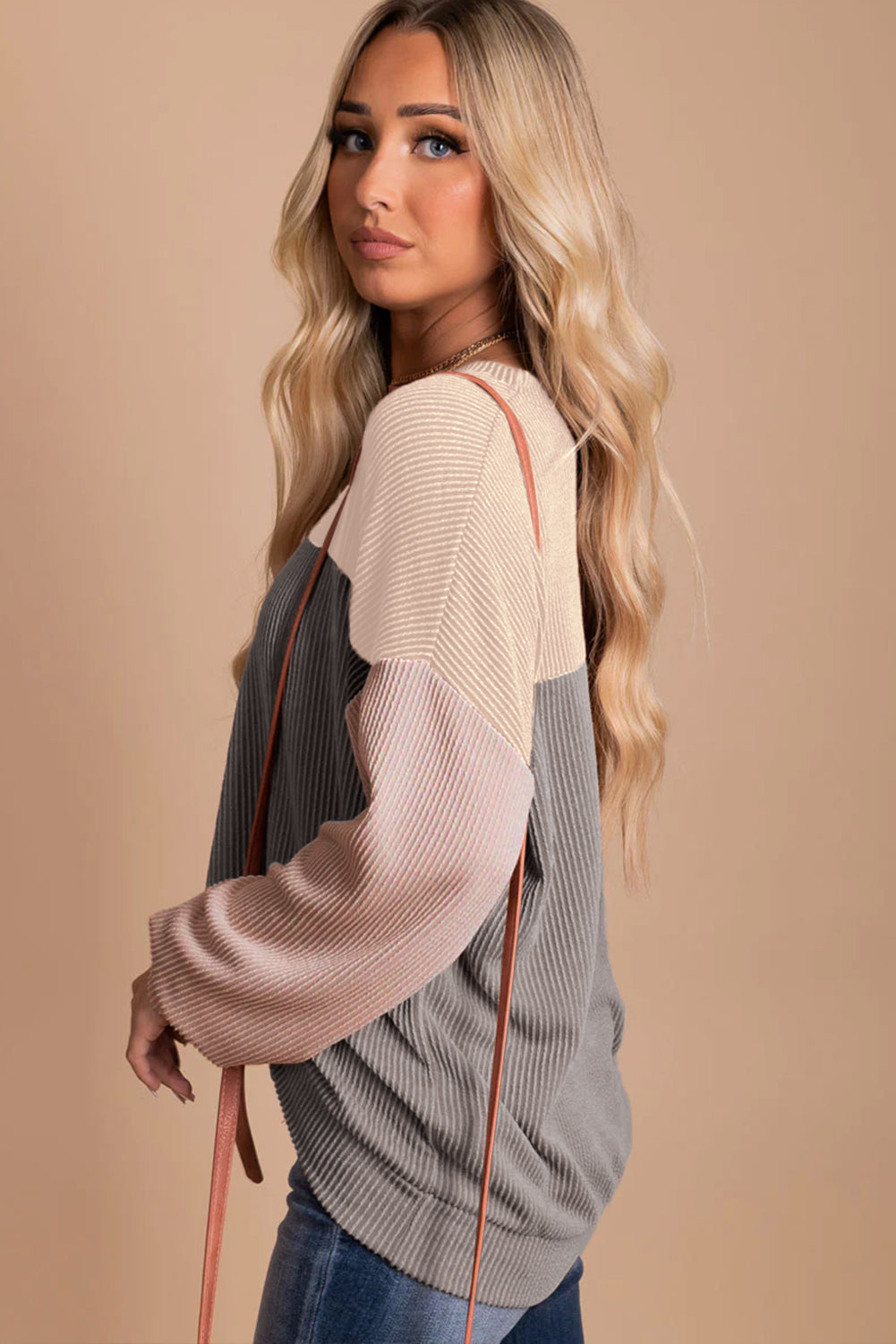 Green Color Block Long Sleeve Ribbed Loose Top