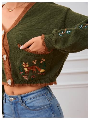 BEAUDRM Women's Flower Embroidery Cardigans Sweaters Long Sleeve Button Down Knitted Loose Outwear Multicolor XX-Small