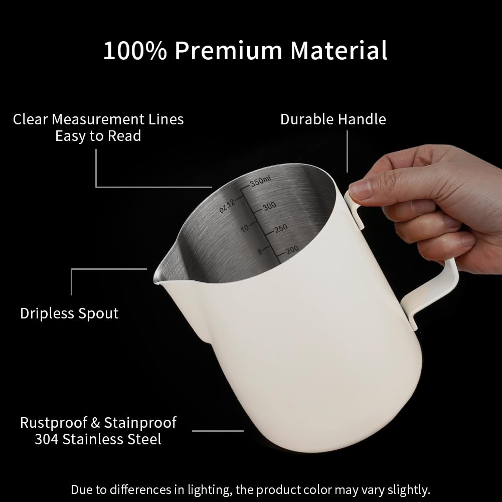 watchget Stainless Steel Milk Frothing Pitcher 12oz/350ml - Espresso Steaming Pitcher for Cappuccino, Latte Art, Coffee Machine Accessories Milk Jug Coffee Frother Cup, Creamy White
