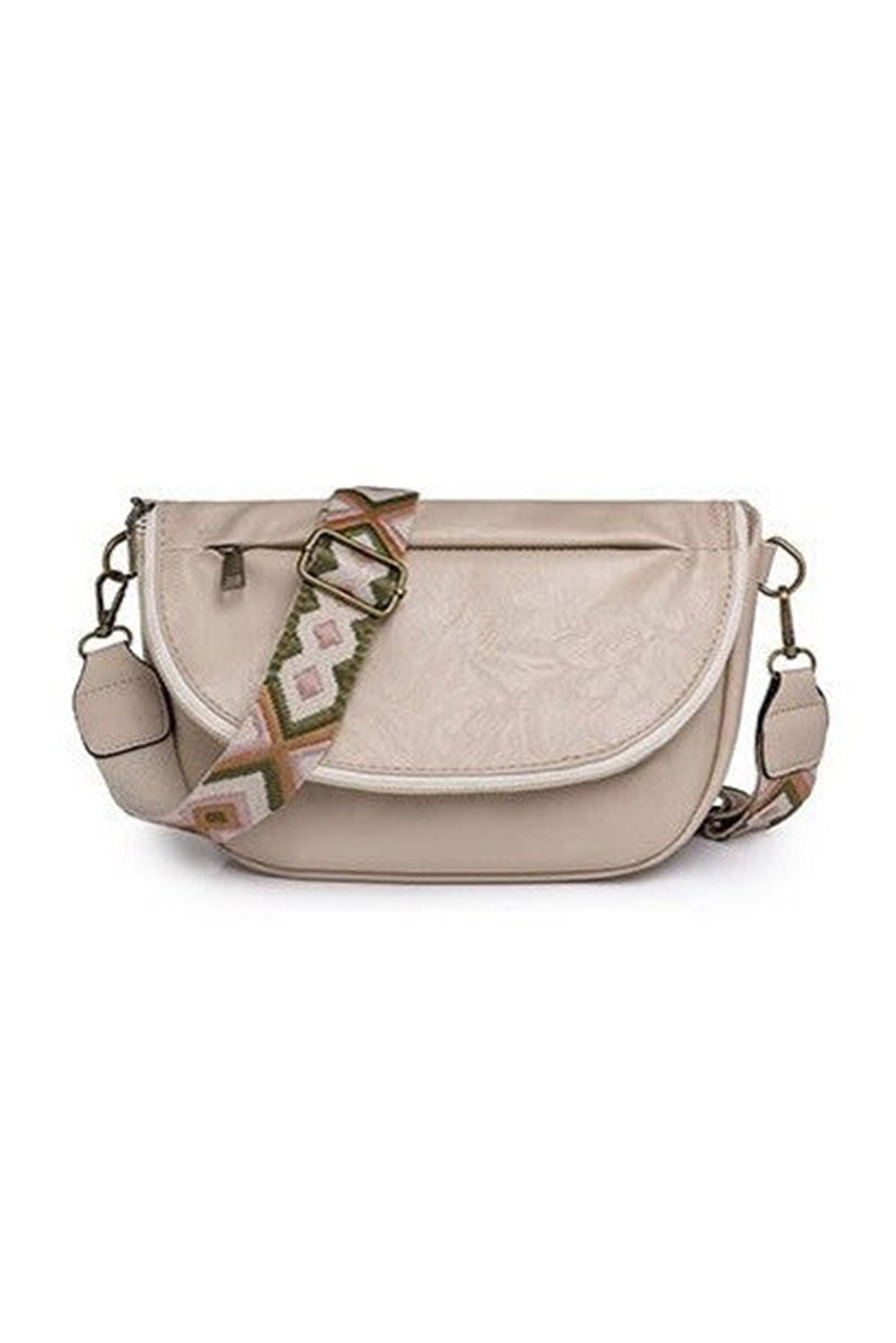 White Wide Strap Zipper PU Leather Crossbody Bag