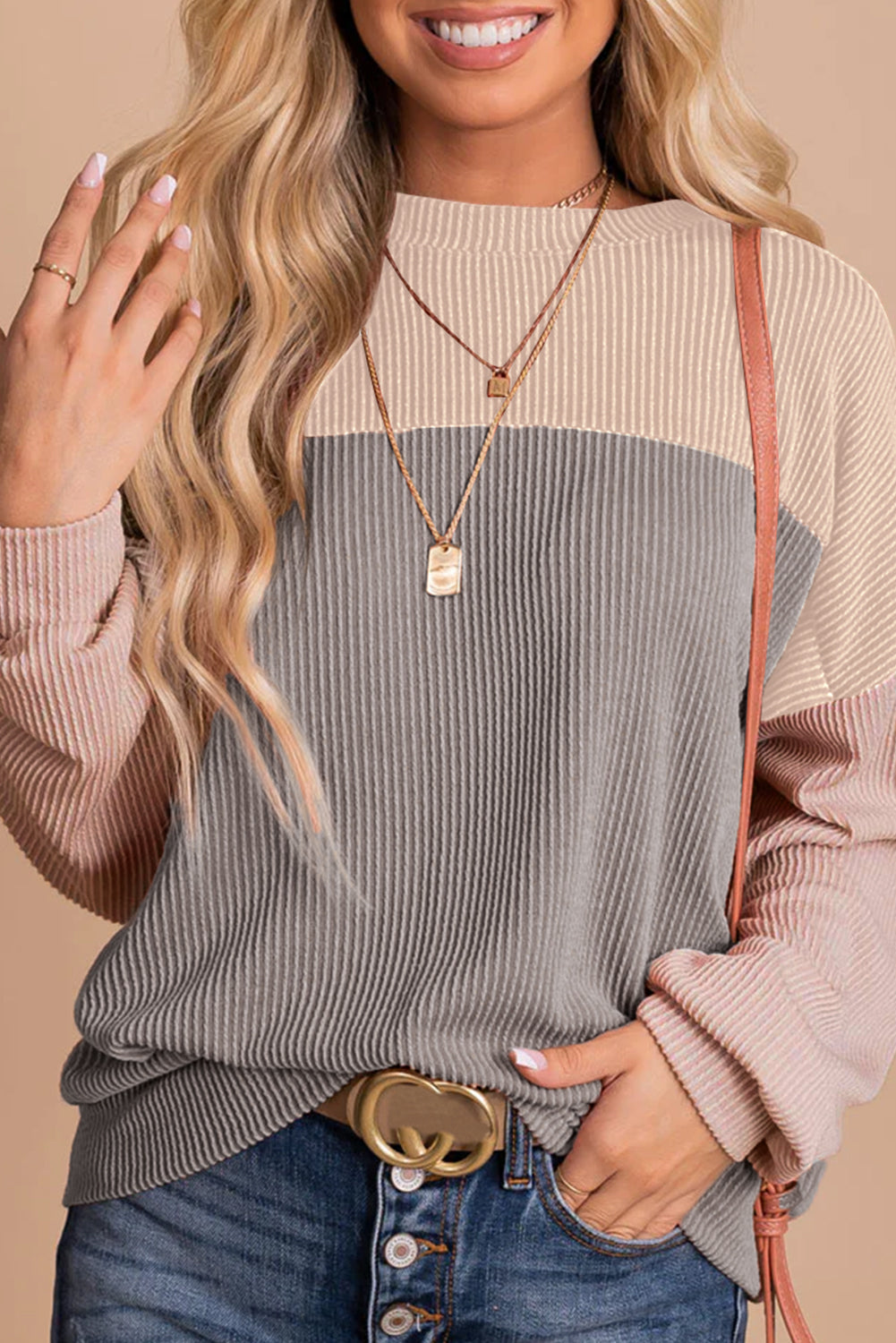 Green Color Block Long Sleeve Ribbed Loose Top