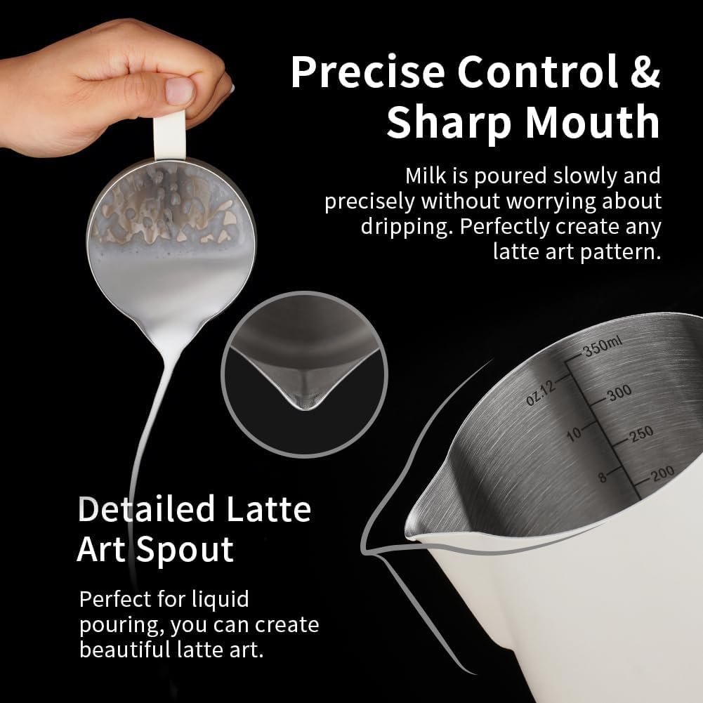 watchget Stainless Steel Milk Frothing Pitcher 12oz/350ml - Espresso Steaming Pitcher for Cappuccino, Latte Art, Coffee Machine Accessories Milk Jug Coffee Frother Cup, Creamy White