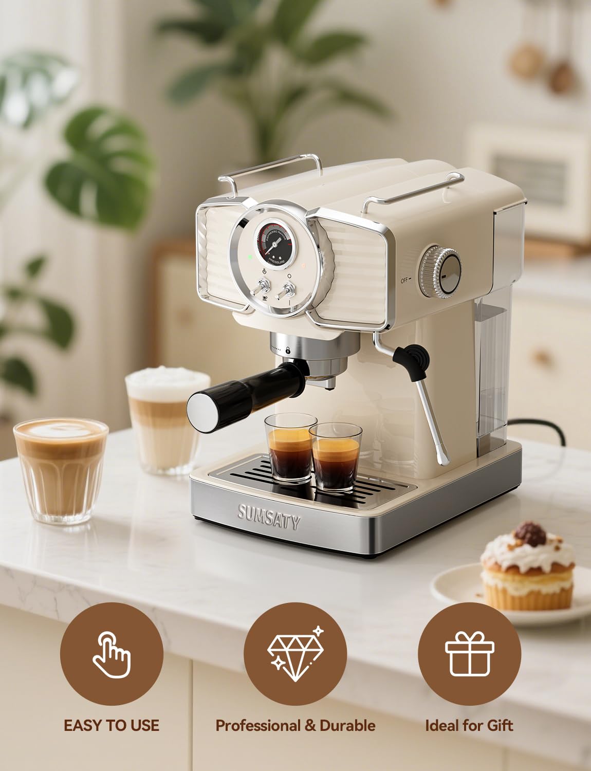 SUMSATY Espresso Machine 20 Bar, Professional Espresso Maker with Milk Frother Steamer Wand, Espresso Coffee Machine Off-white, Cappuccino & Latte Machine for Home, Retro, 1.8L Removable Water Tank