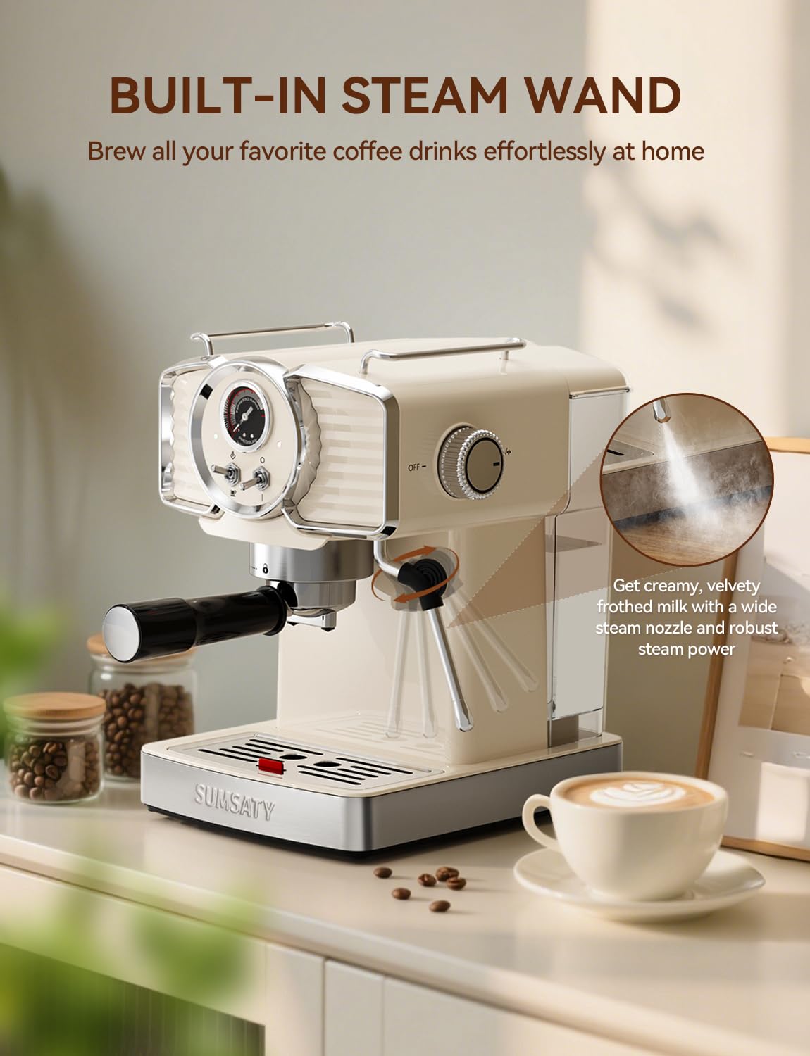 SUMSATY Espresso Machine 20 Bar, Professional Espresso Maker with Milk Frother Steamer Wand, Espresso Coffee Machine Off-white, Cappuccino & Latte Machine for Home, Retro, 1.8L Removable Water Tank