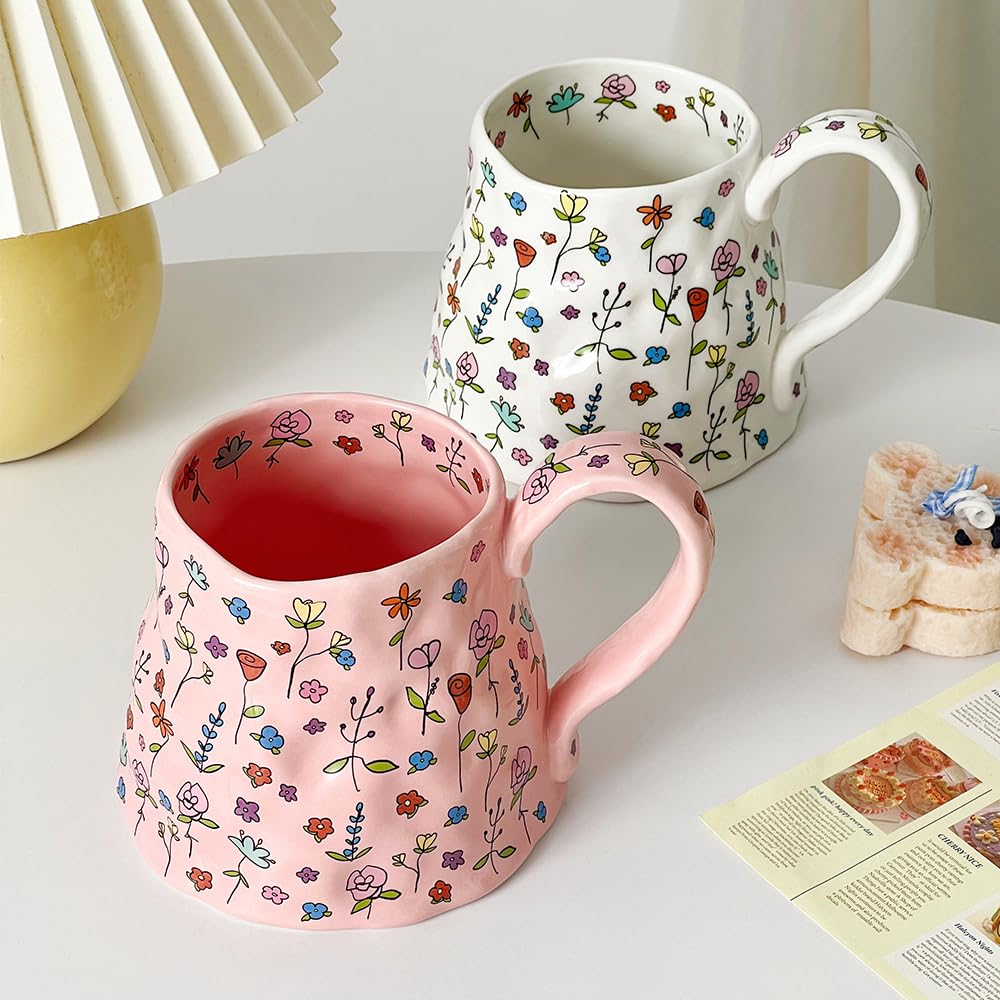 Large Ceramic Coffee Mug Pink Cute Flower with Handmade Big Handle, 20oz Girly Floral Tea Cup for Women Mothers Day Gifts, Novelty Irregular Oversized Mugs for Latte Tea Milk Cocoa
