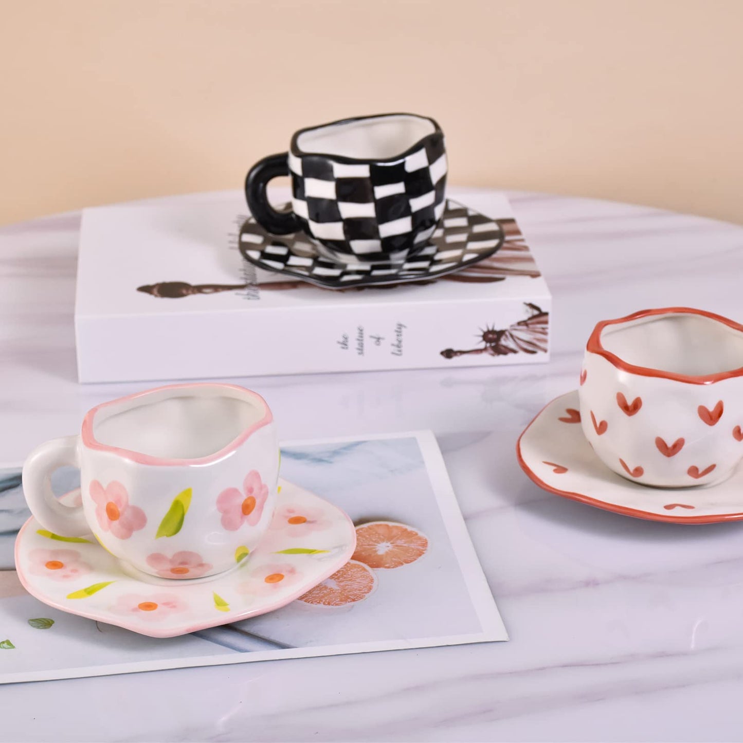 Koythin Ceramic Coffee Mug, Cute Pink Cup for Women with Saucer for Office and Home, Dishwasher and Microwave Safe, 10 oz/300 ml for Latte Tea Milk (Floral)