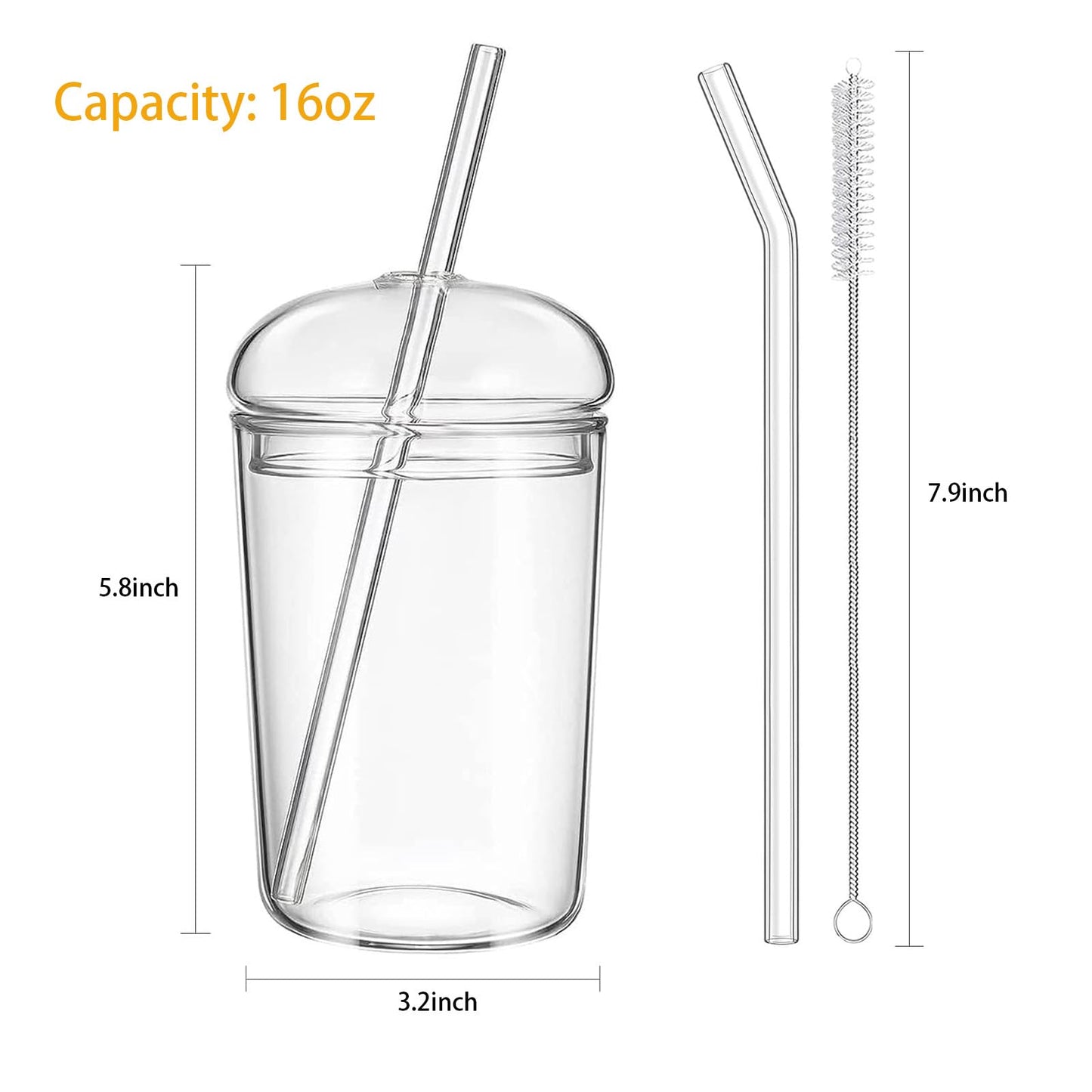 Qancesd Glass Cup with Lid and Straw, 16oz Iced Coffee Cups with Lids, Glass Tumbler with Dome Lid, Glass Tumbler with Straw, Drinking Glasses for Smoothies Juice