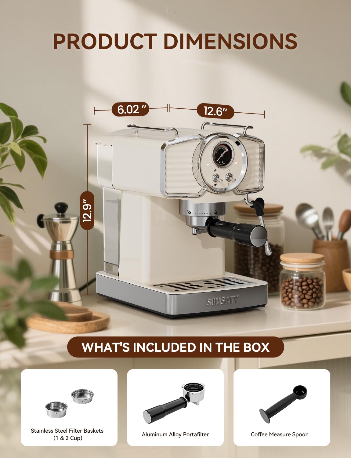 SUMSATY Espresso Machine 20 Bar, Professional Espresso Maker with Milk Frother Steamer Wand, Espresso Coffee Machine Off-white, Cappuccino & Latte Machine for Home, Retro, 1.8L Removable Water Tank