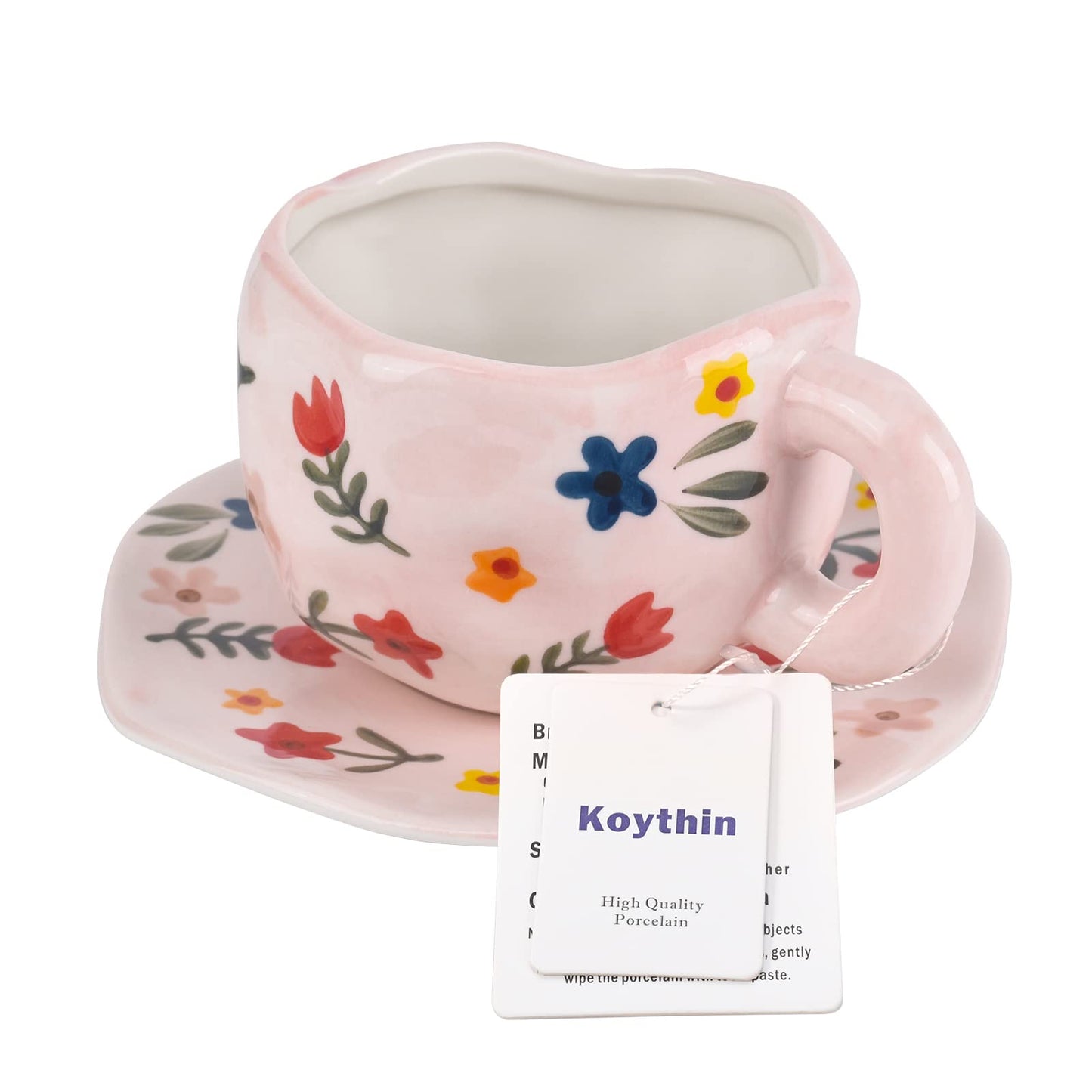 Koythin Ceramic Coffee Mug, Cute Pink Cup for Women with Saucer for Office and Home, Dishwasher and Microwave Safe, 10 oz/300 ml for Latte Tea Milk (Floral)