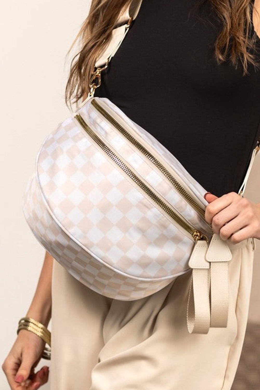 Blackish Green Checkered Print Wide Strap Large Crossbody Bag