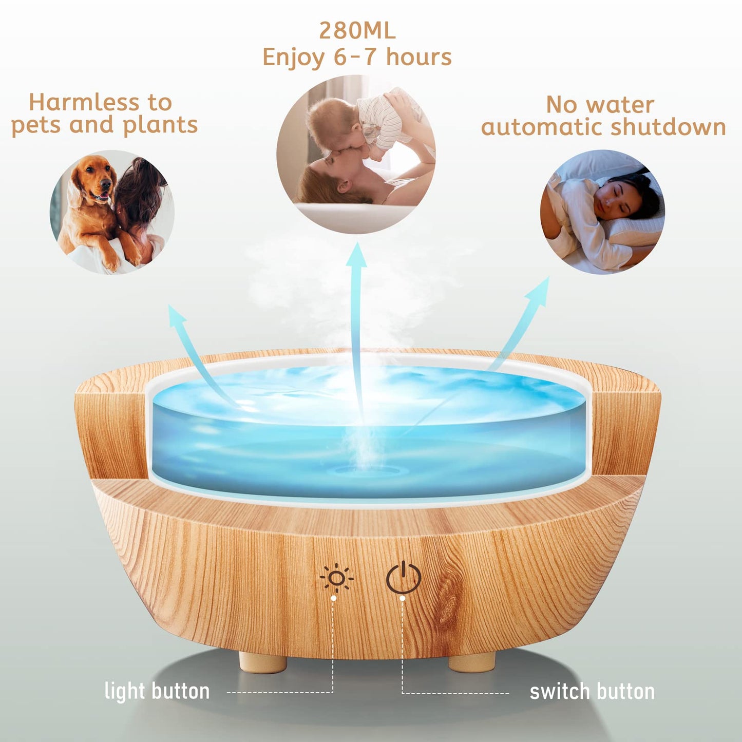 Glass Essential Oil Diffuser Wood Grain Base, 280ml Aromatherapy Diffusers Cool Mist Humidifier, LED Light in 7 Colors with Waterless Auto-Off Protection, for Office, Home, Yoga, Spa
