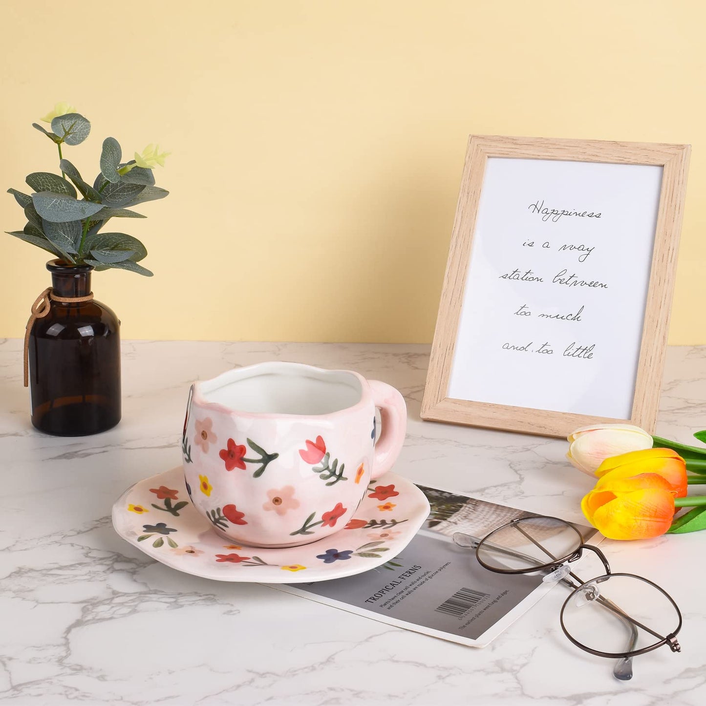 Koythin Ceramic Coffee Mug, Cute Pink Cup for Women with Saucer for Office and Home, Dishwasher and Microwave Safe, 10 oz/300 ml for Latte Tea Milk (Floral)