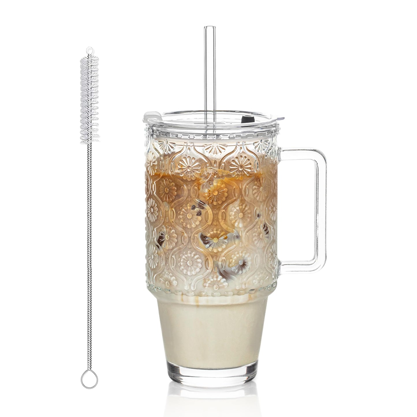 KEMORELA 24 Oz Glass Tumbler with Straw and Lid, Iced Coffee Cups with Lids, Smoothie Cup with Handle, Begonia Pattern Glassware for Cold Drinks, Reusable Tumbler for Beverages (1)