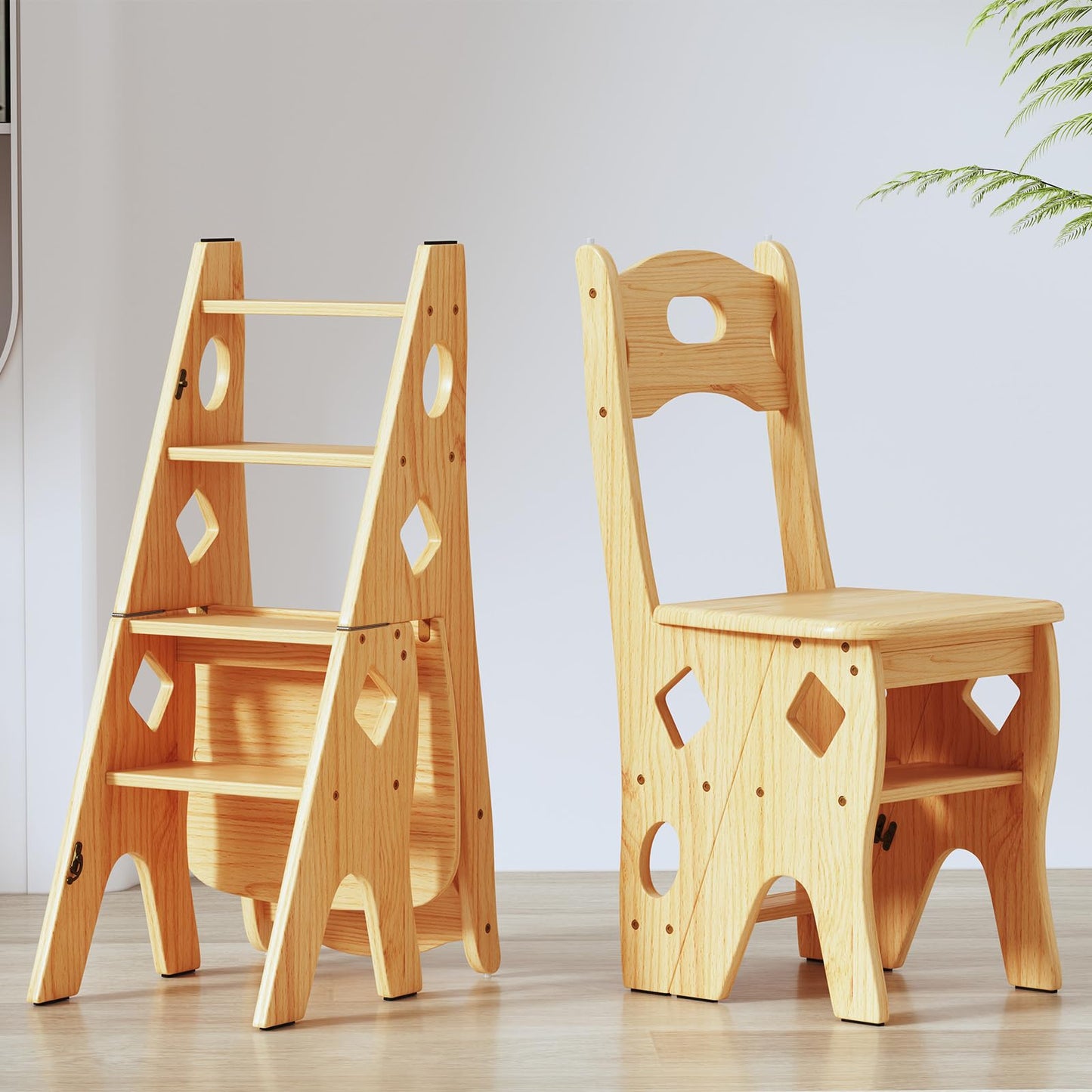 mopam Folding Library Ladder Chair 4 Tier Wooden Foldable Step Ladder Portable Step Stool Chair Display Stand Library Steps Bookshelf Flower Rack for Storage and Decoration