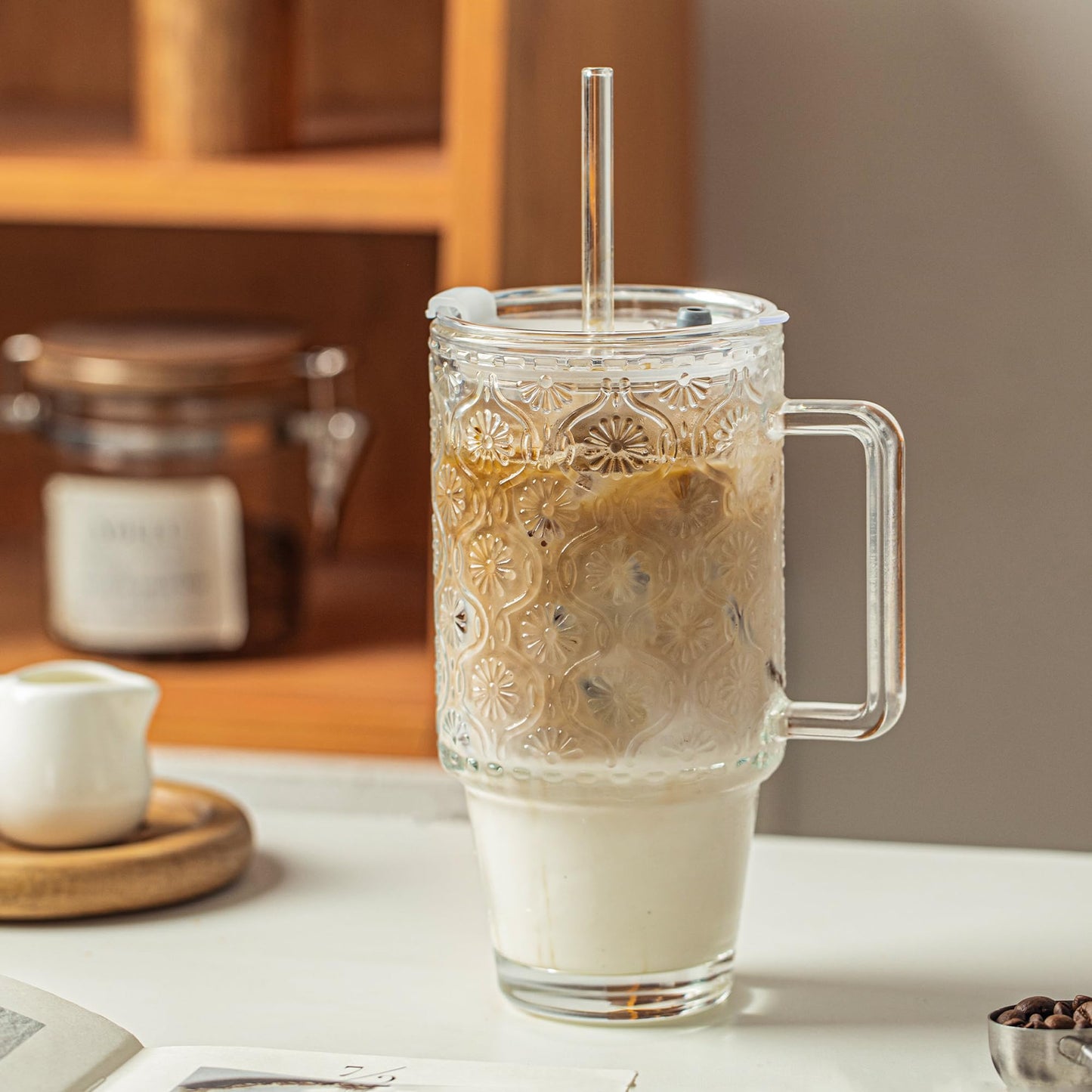 KEMORELA 24 Oz Glass Tumbler with Straw and Lid, Iced Coffee Cups with Lids, Smoothie Cup with Handle, Begonia Pattern Glassware for Cold Drinks, Reusable Tumbler for Beverages (1)