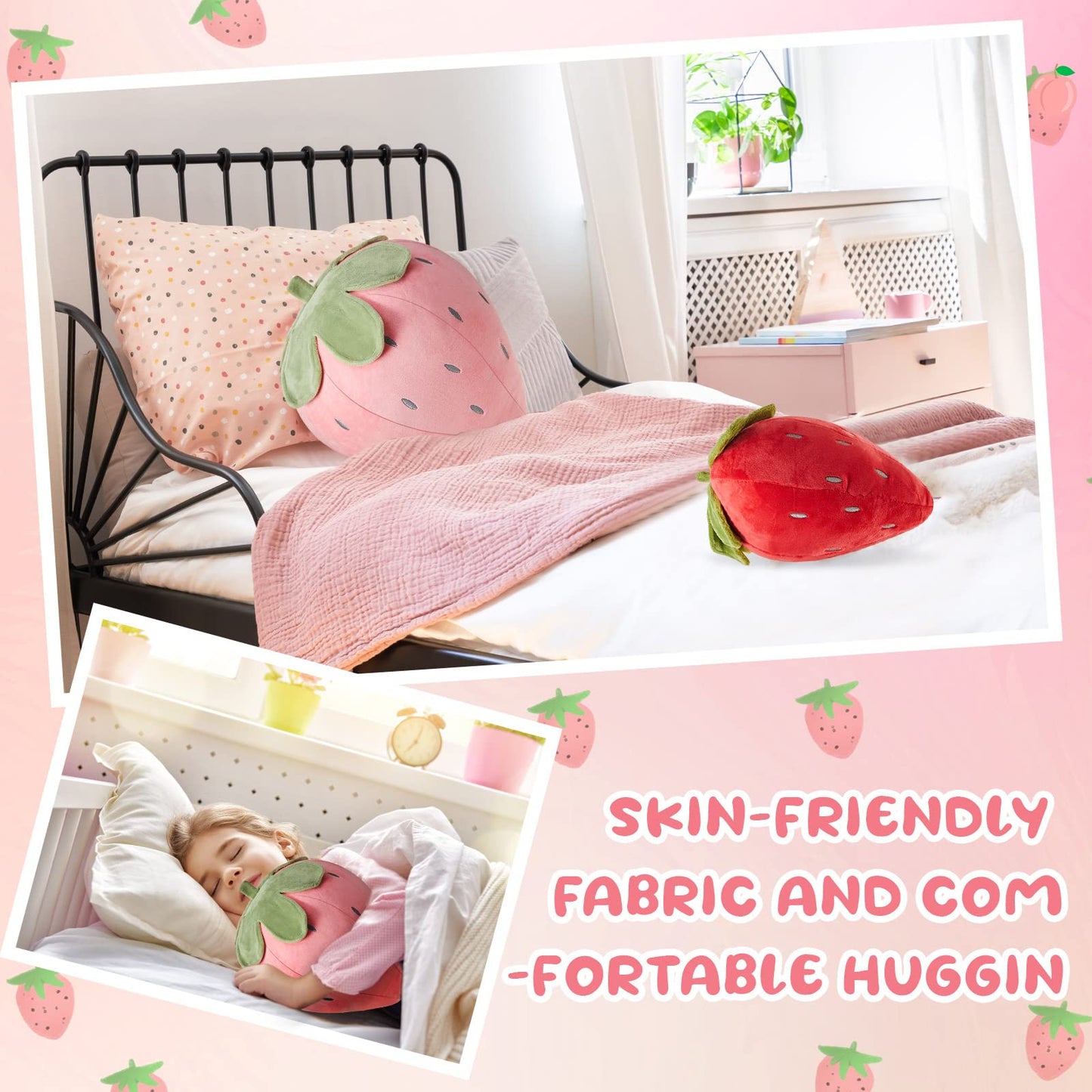 Juexica 2 Pcs Strawberry Pillow Fruit Plush Pillow 15.7 Inch 9.8 Inch Soft Kawaii Strawberry Bedroom Decor Aesthetic Cute Berry Decor for Room Home Birthday Gifts(Red,Pink)
