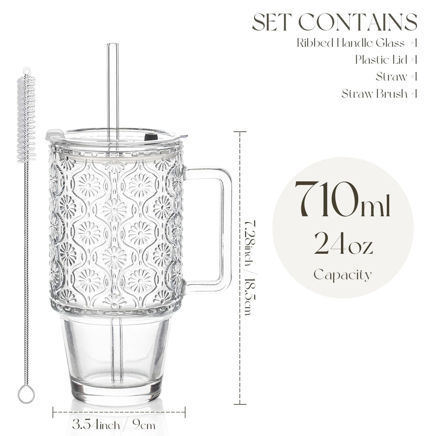 KEMORELA 24 Oz Glass Tumbler with Straw and Lid, Iced Coffee Cups with Lids, Smoothie Cup with Handle, Begonia Pattern Glassware for Cold Drinks, Reusable Tumbler for Beverages (1)