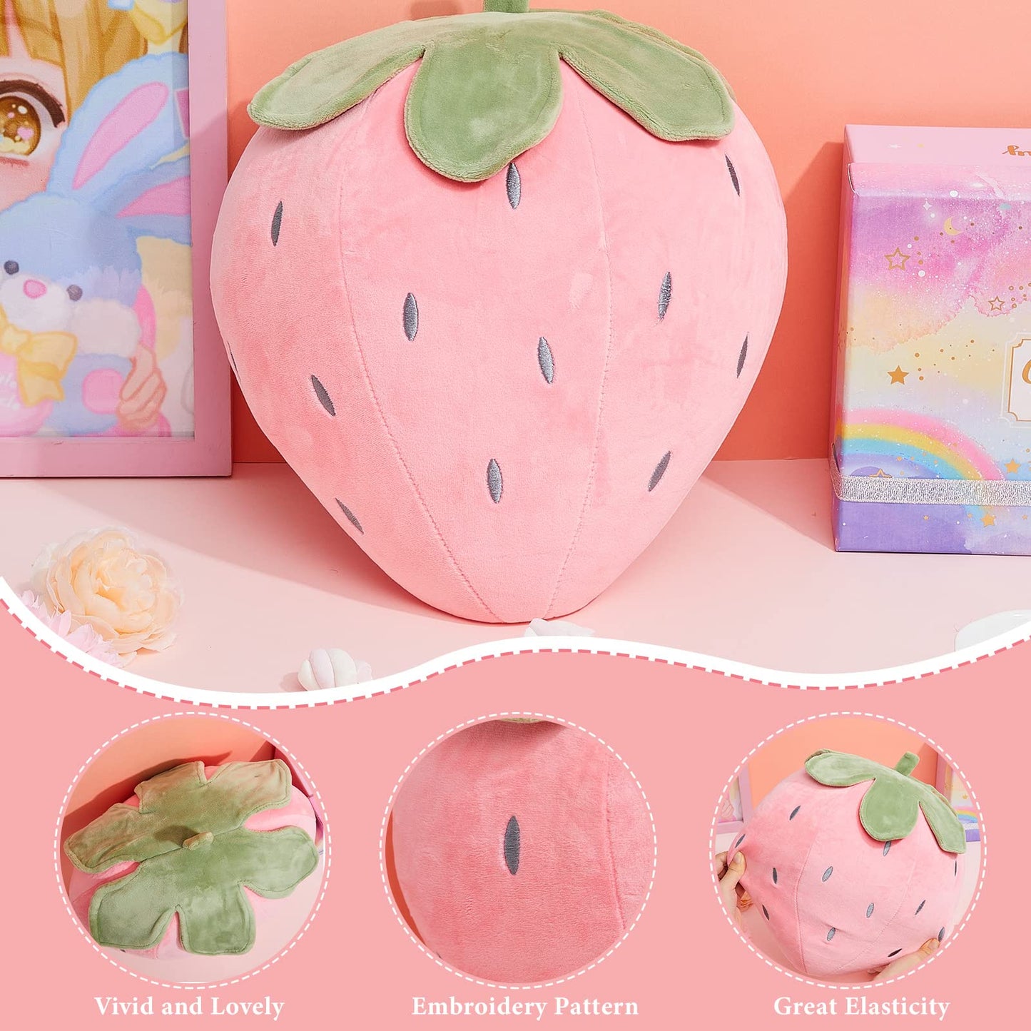Juexica 2 Pcs Strawberry Pillow Fruit Plush Pillow 15.7 Inch 9.8 Inch Soft Kawaii Strawberry Bedroom Decor Aesthetic Cute Berry Decor for Room Home Birthday Gifts(Red,Pink)