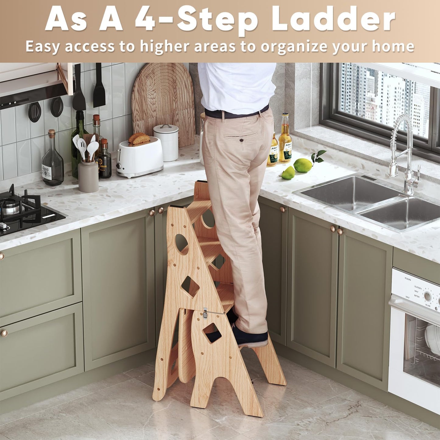 mopam Folding Library Ladder Chair 4 Tier Wooden Foldable Step Ladder Portable Step Stool Chair Display Stand Library Steps Bookshelf Flower Rack for Storage and Decoration