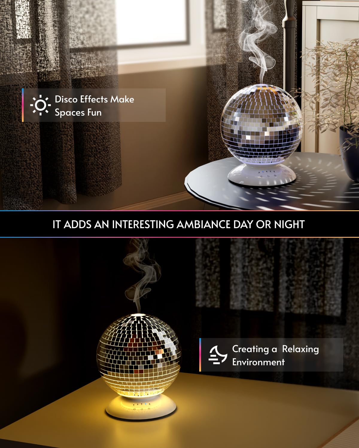 Mirror Essential Oil Diffuser Rotating, 14 Ligth Modes 4 Timer Setting Aromatherapy Diffuser, Cute Home Disco Decor Great Decoration and Accessories for Disco Party, Room, Office