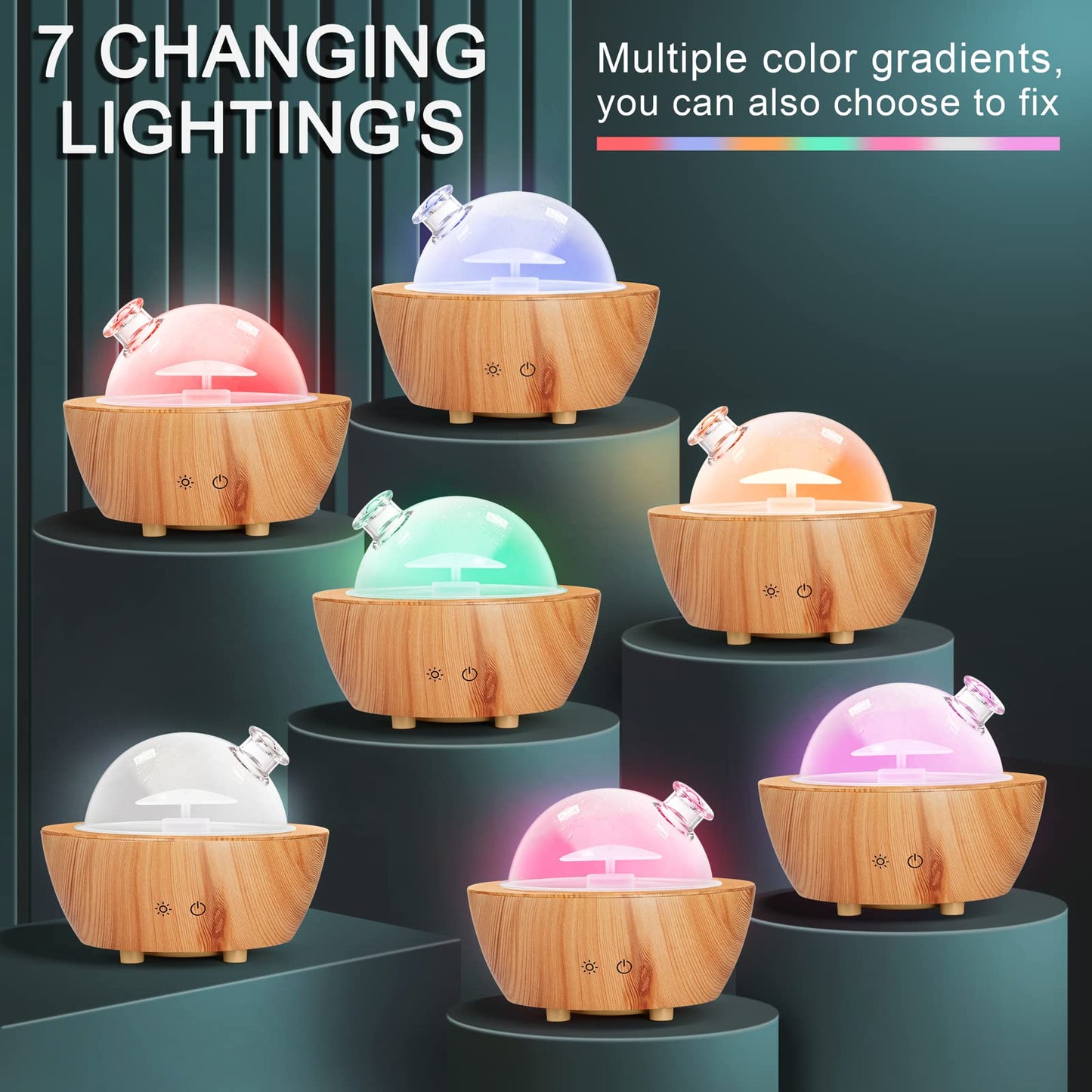 Glass Essential Oil Diffuser Wood Grain Base, 280ml Aromatherapy Diffusers Cool Mist Humidifier, LED Light in 7 Colors with Waterless Auto-Off Protection, for Office, Home, Yoga, Spa