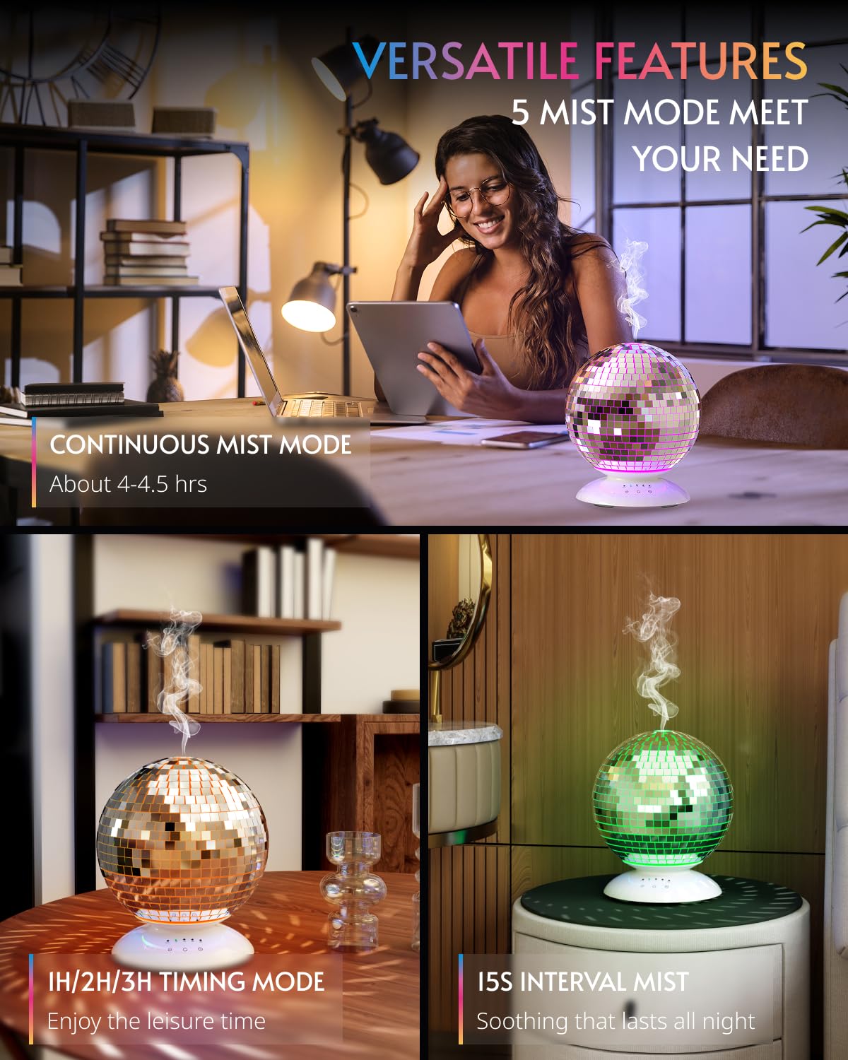 Mirror Essential Oil Diffuser Rotating, 14 Ligth Modes 4 Timer Setting Aromatherapy Diffuser, Cute Home Disco Decor Great Decoration and Accessories for Disco Party, Room, Office