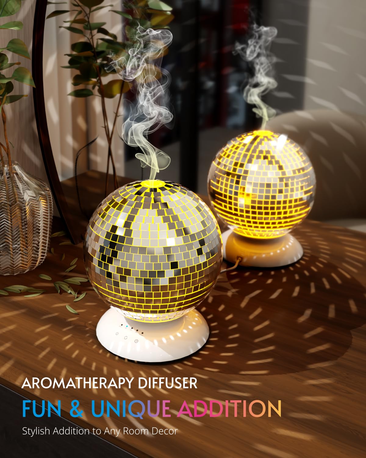 Mirror Essential Oil Diffuser Rotating, 14 Ligth Modes 4 Timer Setting Aromatherapy Diffuser, Cute Home Disco Decor Great Decoration and Accessories for Disco Party, Room, Office