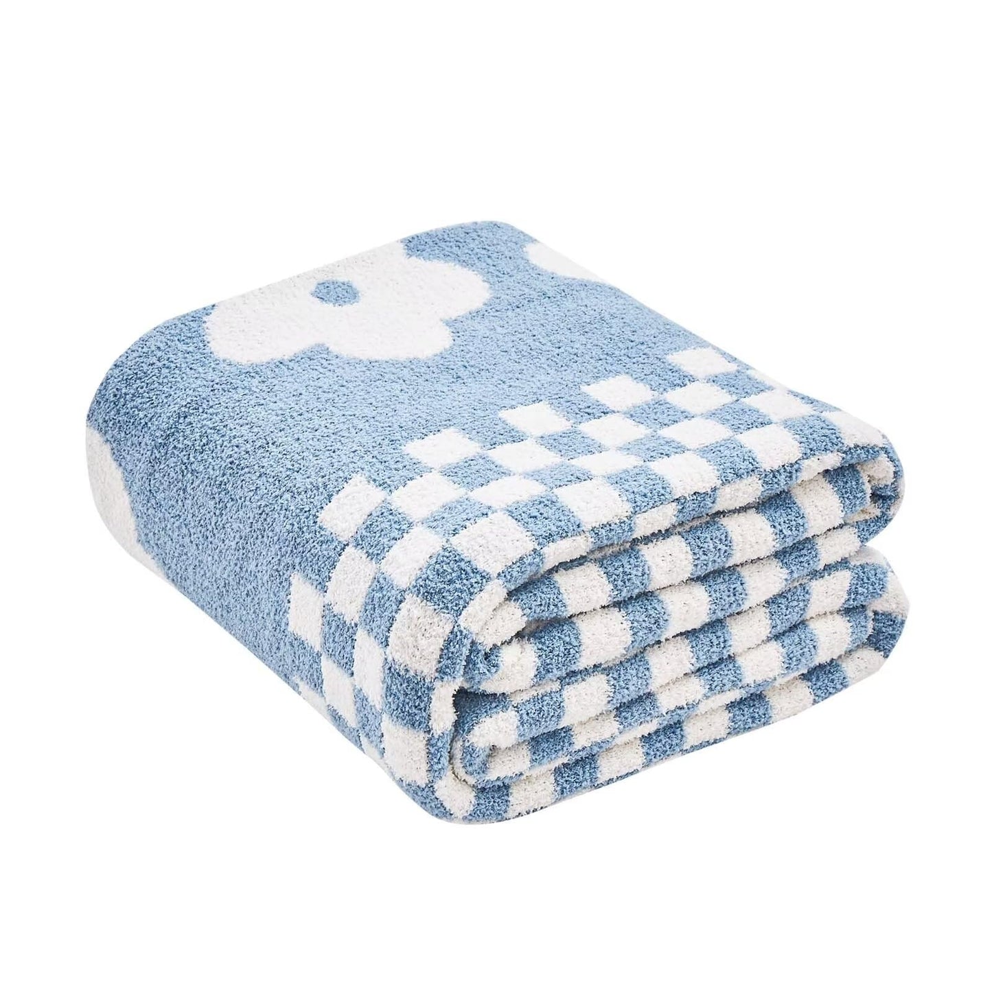 XIBLC Checkered Throw Blanket, Dusty Blue Super Soft Knit Breathable Throw Blanket, Cozy Fluffy Reversible Checkerboard Flower Fuzzy Blanket for Couch Sofa Bed Living Room Decor 50 x 60 inch