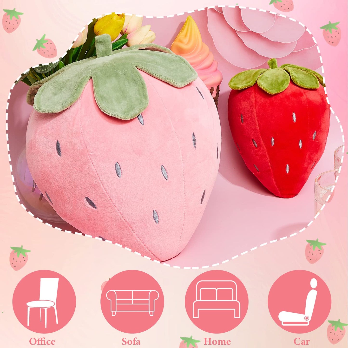 Juexica 2 Pcs Strawberry Pillow Fruit Plush Pillow 15.7 Inch 9.8 Inch Soft Kawaii Strawberry Bedroom Decor Aesthetic Cute Berry Decor for Room Home Birthday Gifts(Red,Pink)