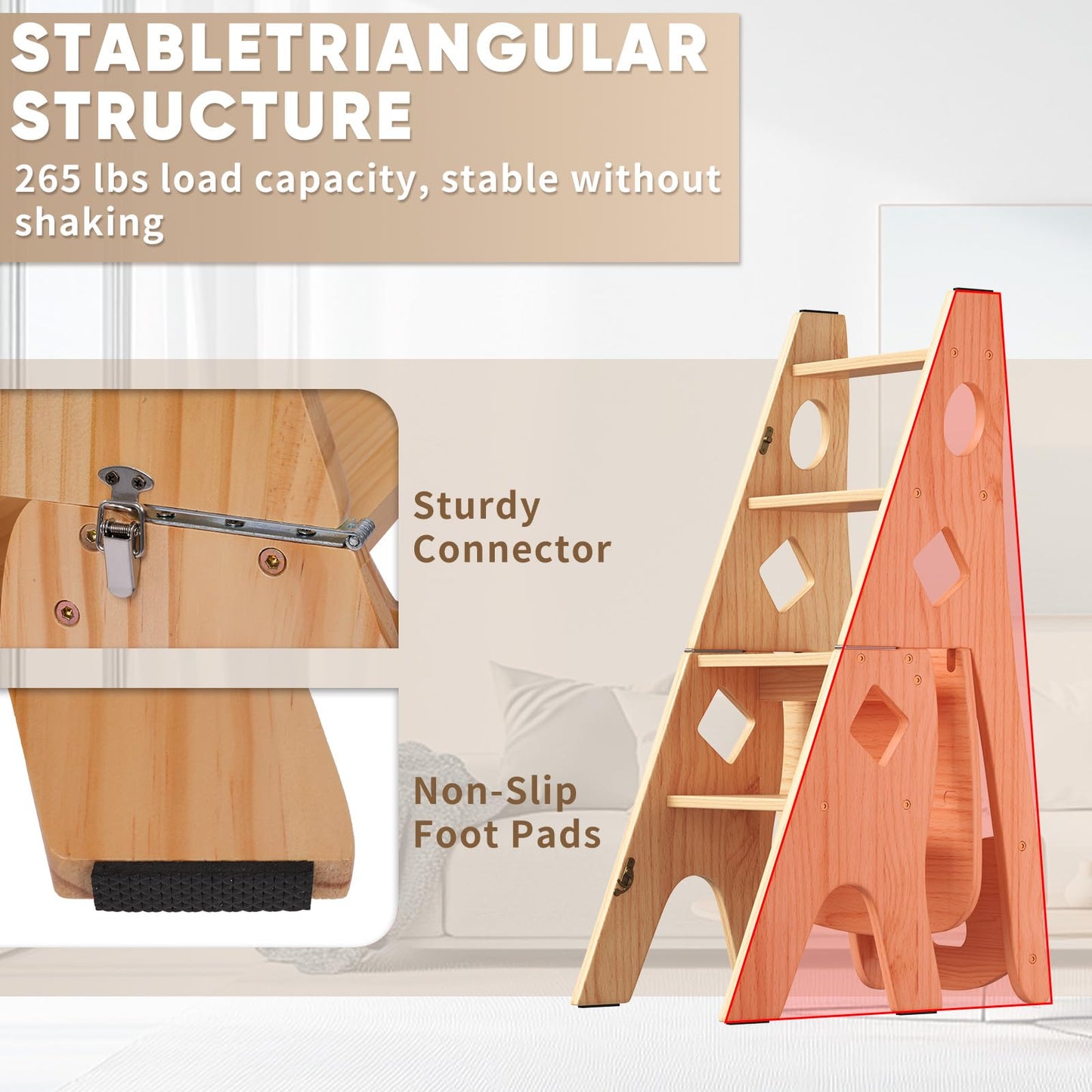 mopam Folding Library Ladder Chair 4 Tier Wooden Foldable Step Ladder Portable Step Stool Chair Display Stand Library Steps Bookshelf Flower Rack for Storage and Decoration