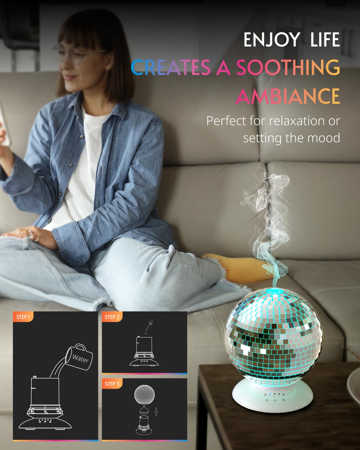 Mirror Essential Oil Diffuser Rotating, 14 Ligth Modes 4 Timer Setting Aromatherapy Diffuser, Cute Home Disco Decor Great Decoration and Accessories for Disco Party, Room, Office
