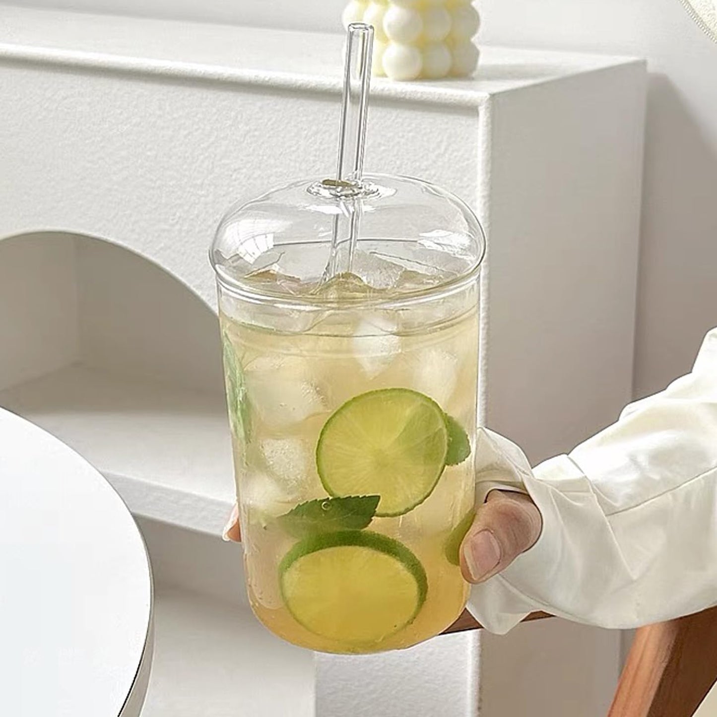 Qancesd Glass Cup with Lid and Straw, 16oz Iced Coffee Cups with Lids, Glass Tumbler with Dome Lid, Glass Tumbler with Straw, Drinking Glasses for Smoothies Juice