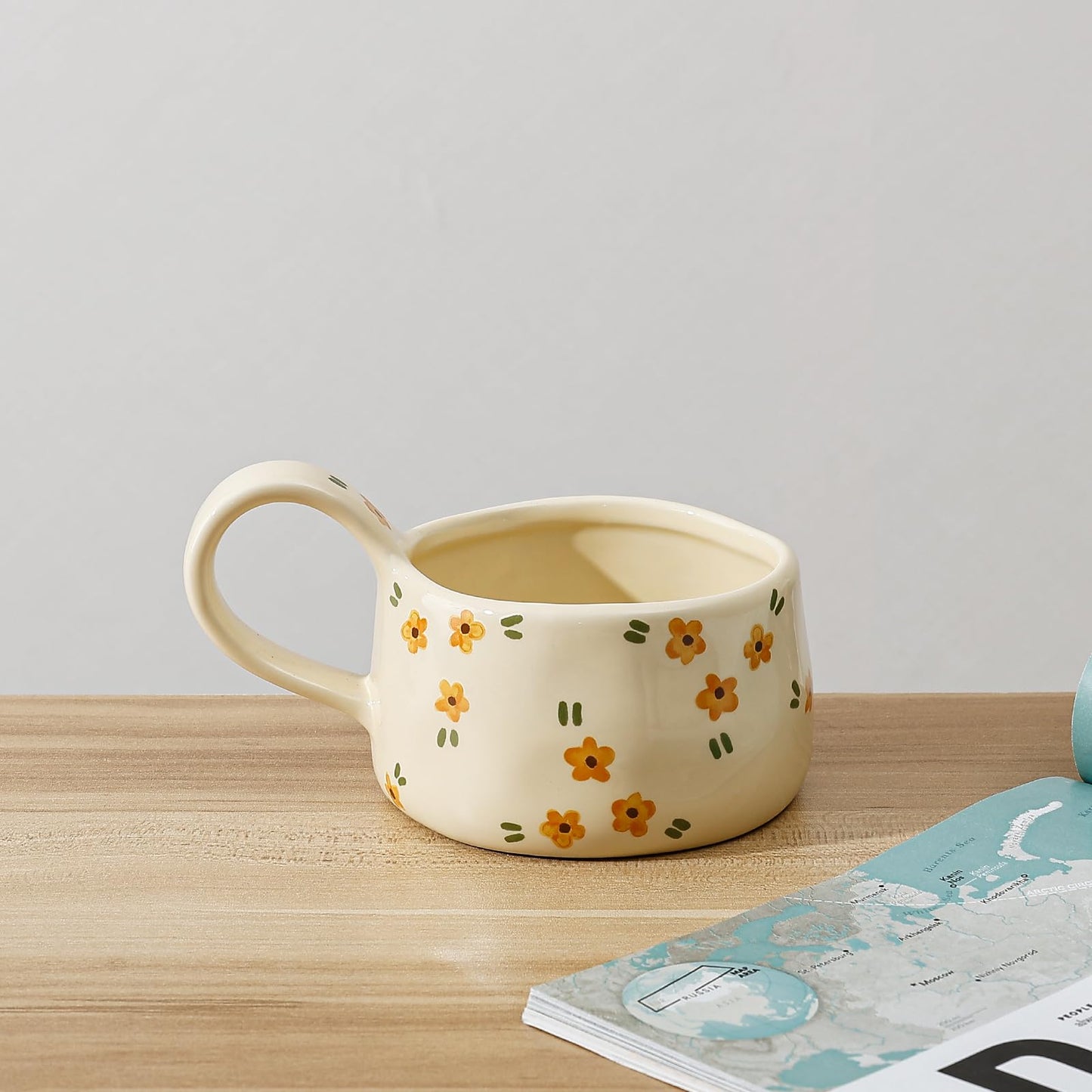 Koythin Ceramic Coffee Mug, Aesthetic Funny Mugs for Milk Cocktails Juice Latte Cappuccino, Cute Teacup with Floral Pattern for Afternoon Tea, Espresso Cups for Mom Girl, 8 oz/230 ml (Yellow Flower)
