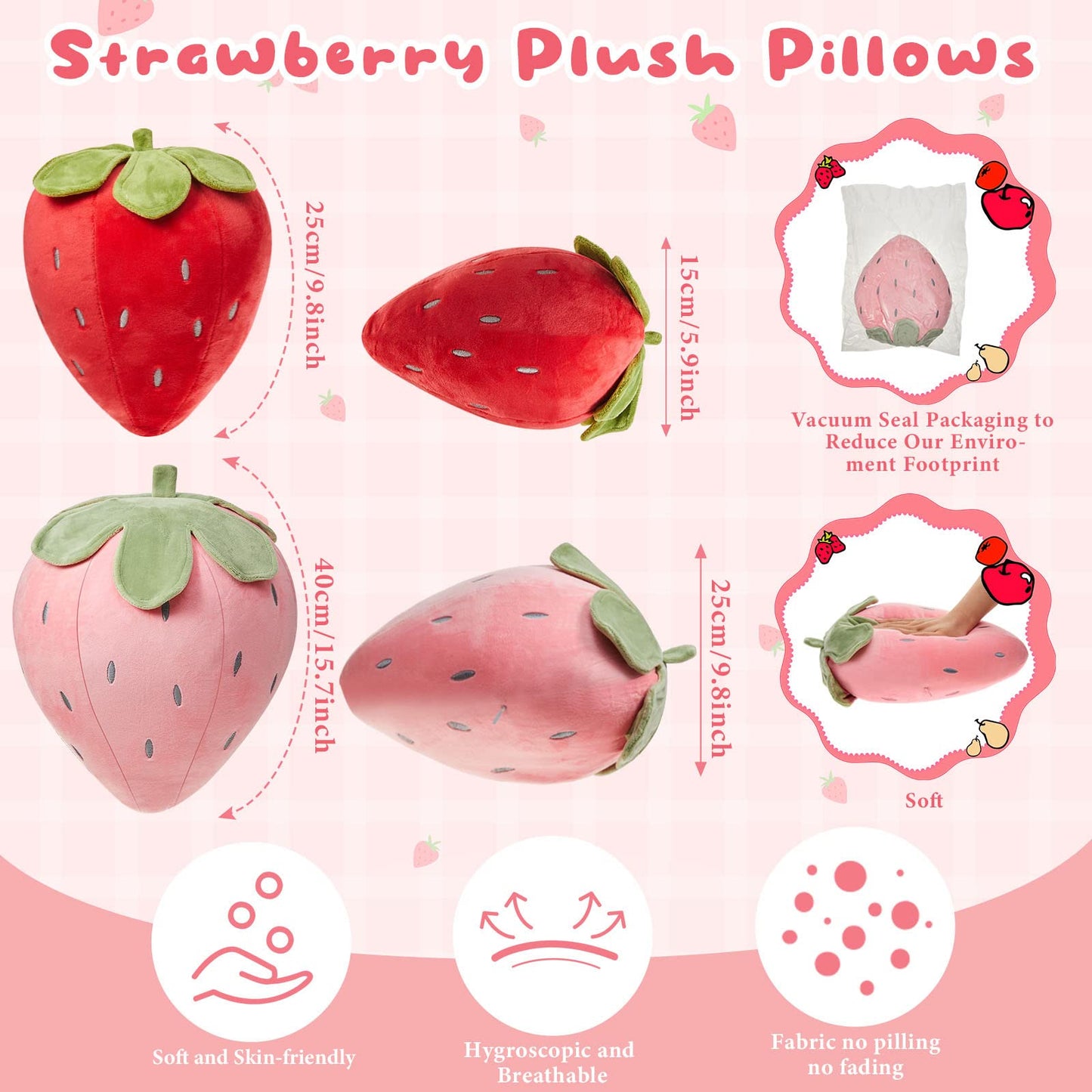 Juexica 2 Pcs Strawberry Pillow Fruit Plush Pillow 15.7 Inch 9.8 Inch Soft Kawaii Strawberry Bedroom Decor Aesthetic Cute Berry Decor for Room Home Birthday Gifts(Red,Pink)