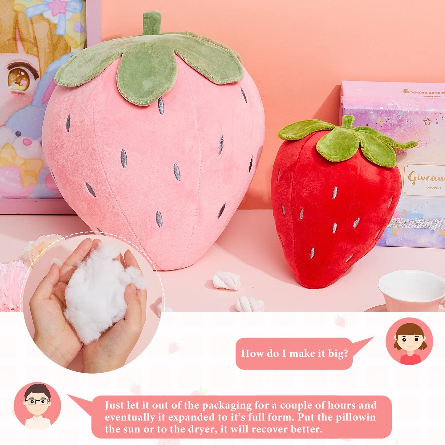 Juexica 2 Pcs Strawberry Pillow Fruit Plush Pillow 15.7 Inch 9.8 Inch Soft Kawaii Strawberry Bedroom Decor Aesthetic Cute Berry Decor for Room Home Birthday Gifts(Red,Pink)