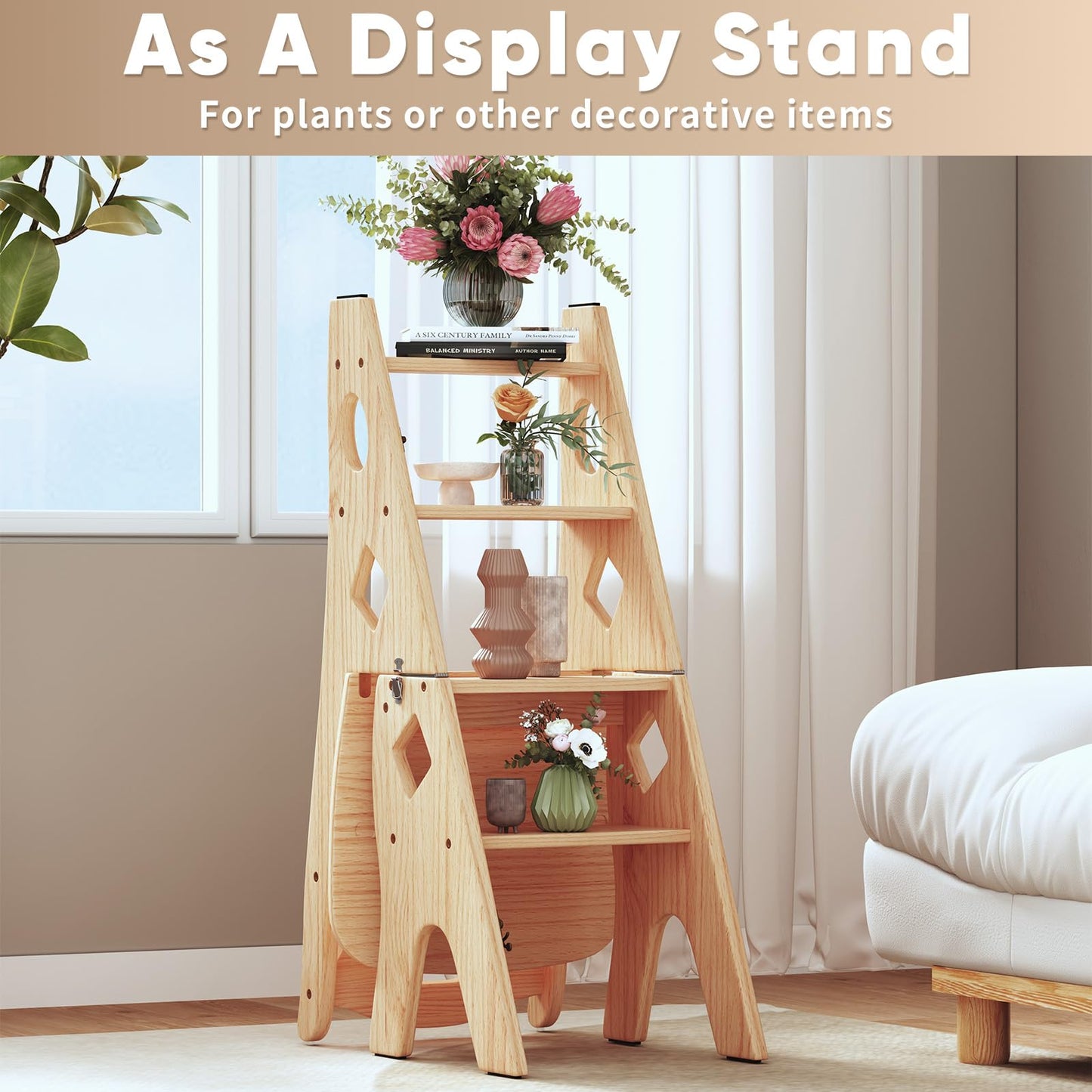 mopam Folding Library Ladder Chair 4 Tier Wooden Foldable Step Ladder Portable Step Stool Chair Display Stand Library Steps Bookshelf Flower Rack for Storage and Decoration