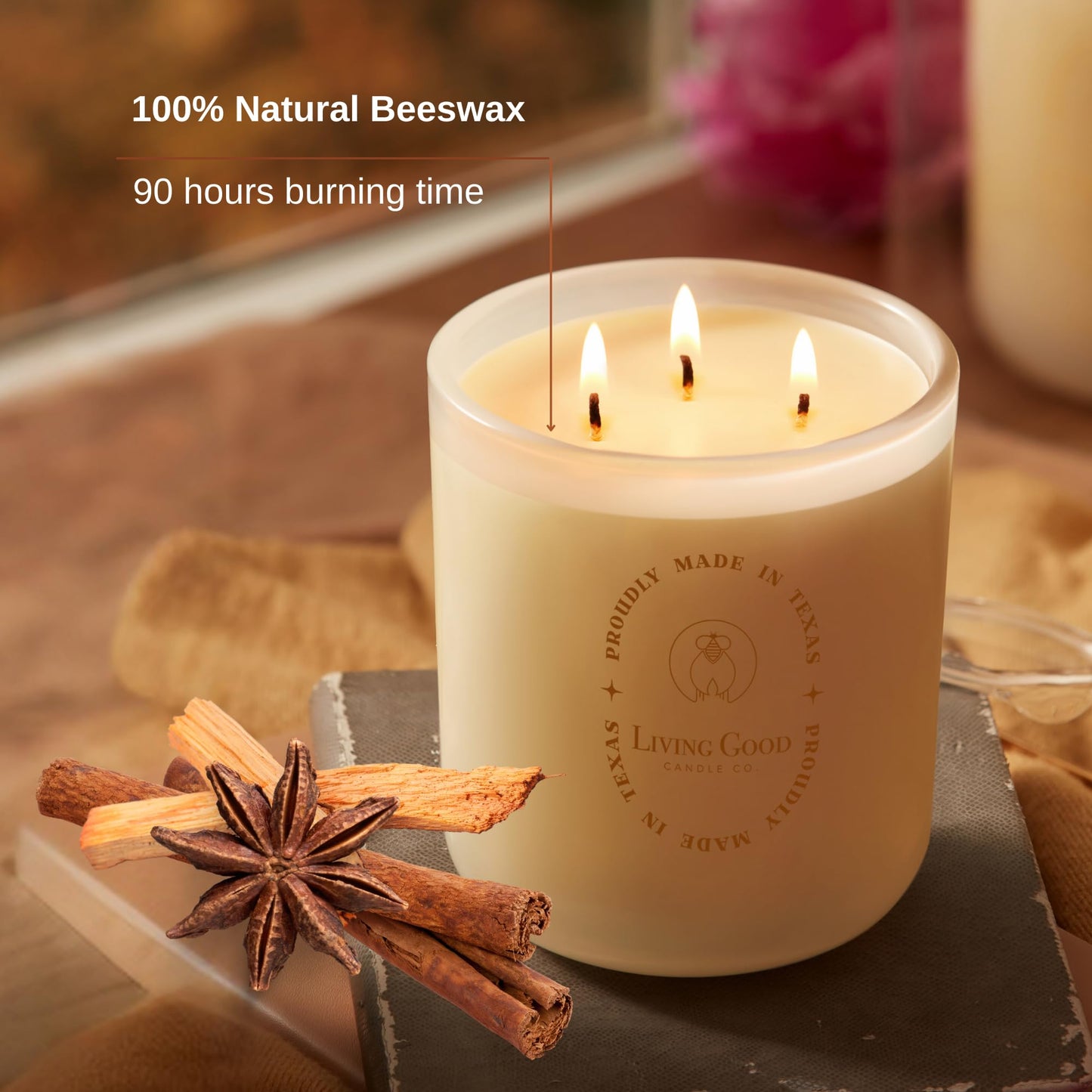 Fall Fresh Cinnamon Bark Essential Oil - Warm & Spicy Pure Beeswax Candle - 90+ Hours Long Burning - Non-Toxic Scented Candles for Autum Home Decor & Aromatherapy for Anxiety Relief - Natural - 15 OZ