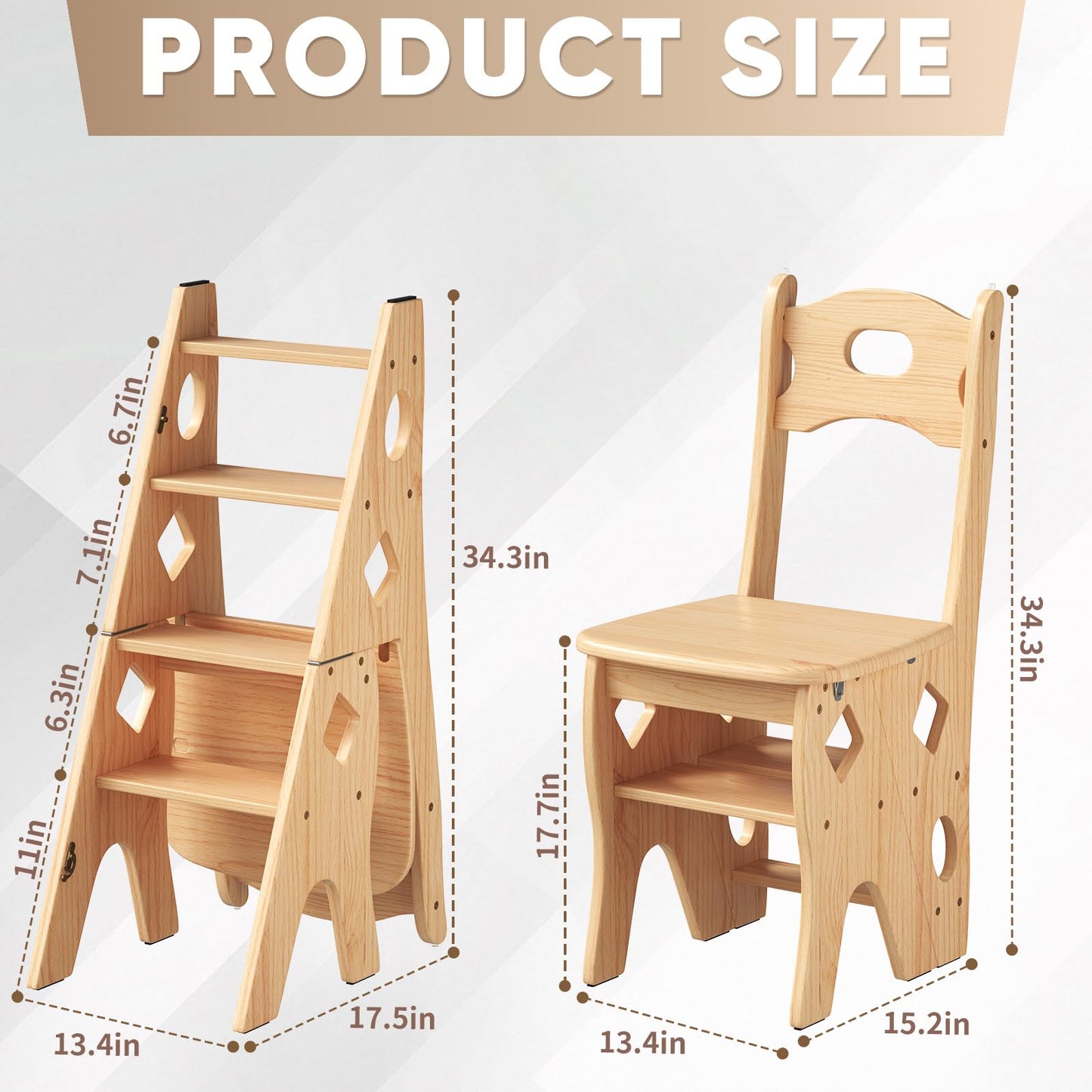 mopam Folding Library Ladder Chair 4 Tier Wooden Foldable Step Ladder Portable Step Stool Chair Display Stand Library Steps Bookshelf Flower Rack for Storage and Decoration