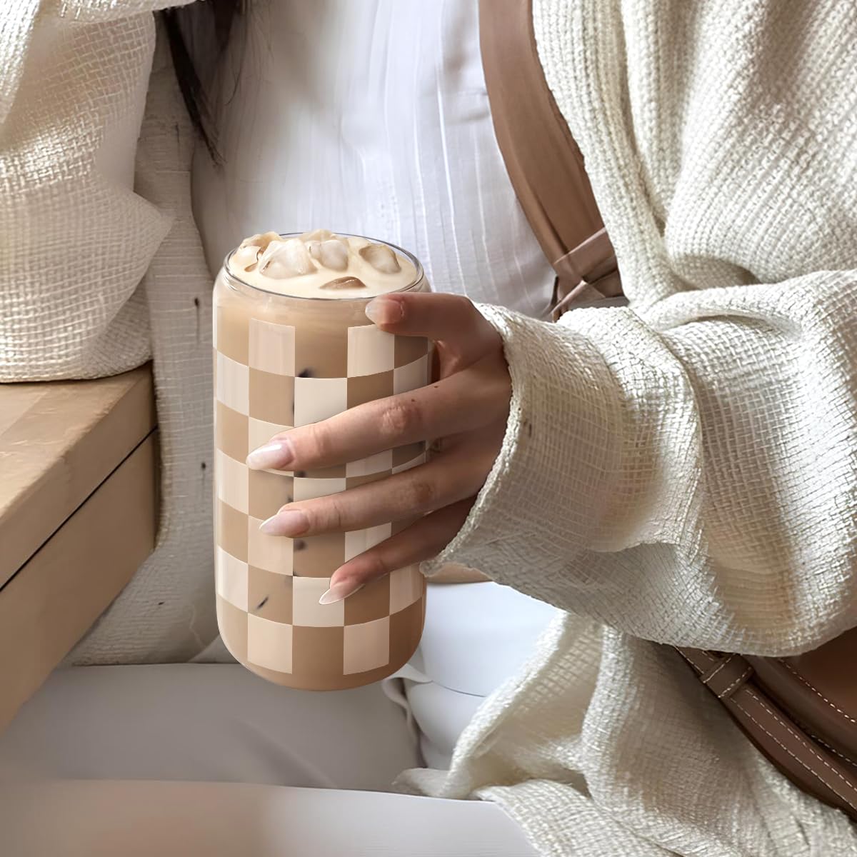 SANDJEST Checkerboard Glass Can, Beige Checker Cup with Lid & Straw, Iced Coffee Aesthetic Cups, Gift for Christmas Birthday Mother Day, Gifts for Women, 16oz