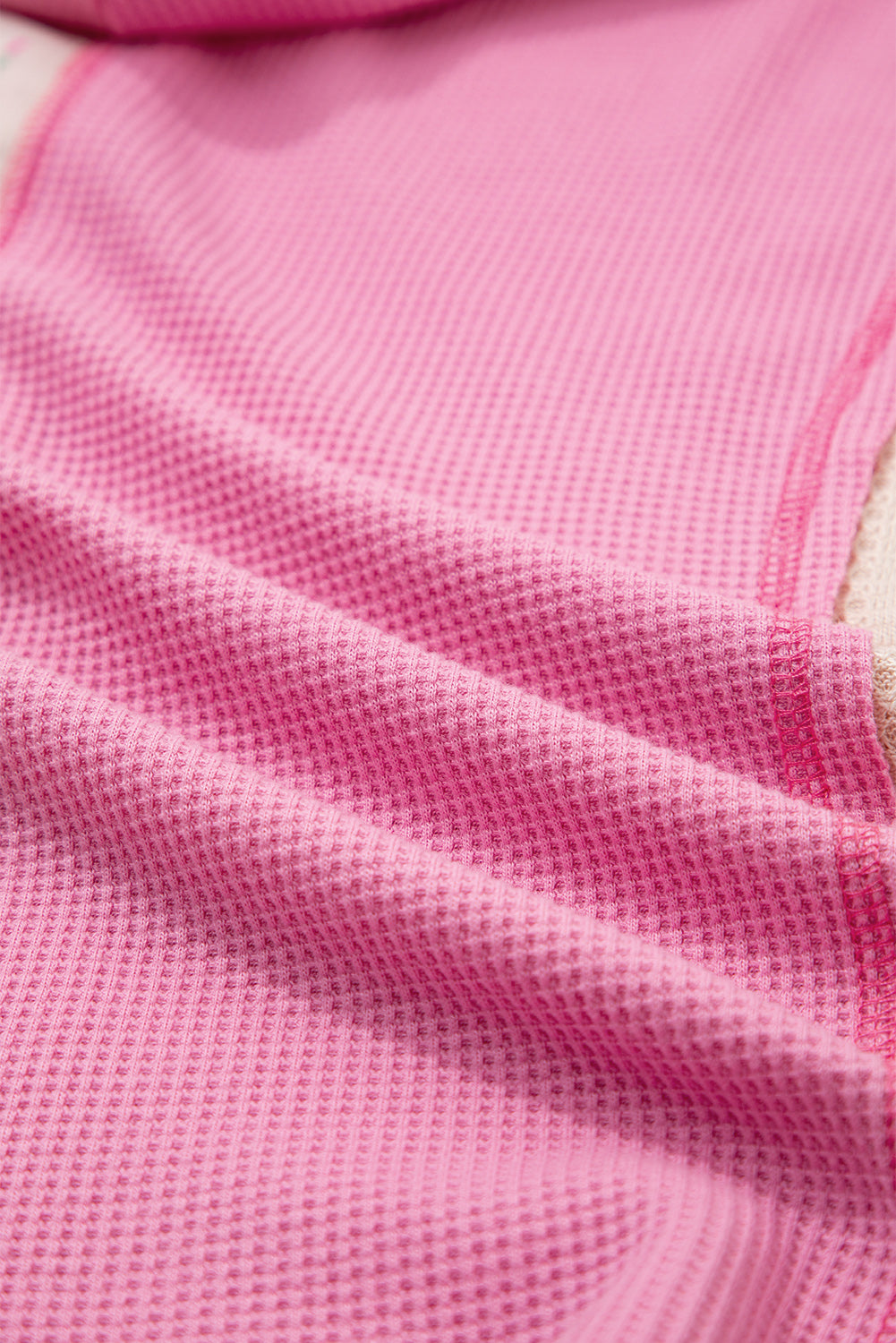 Pink Mixed Texture Waffle Floral Patchwork Hooded Oversized Pullover Top