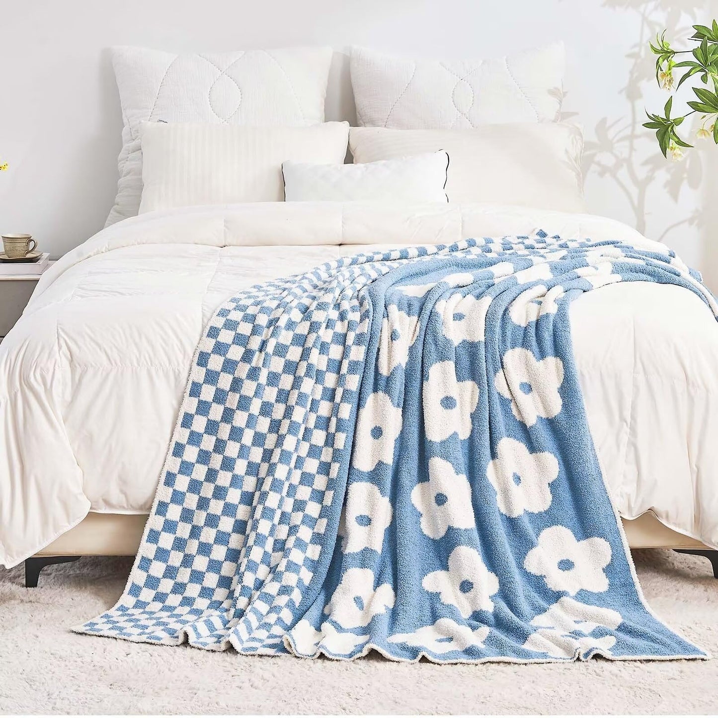 XIBLC Checkered Throw Blanket, Dusty Blue Super Soft Knit Breathable Throw Blanket, Cozy Fluffy Reversible Checkerboard Flower Fuzzy Blanket for Couch Sofa Bed Living Room Decor 50 x 60 inch