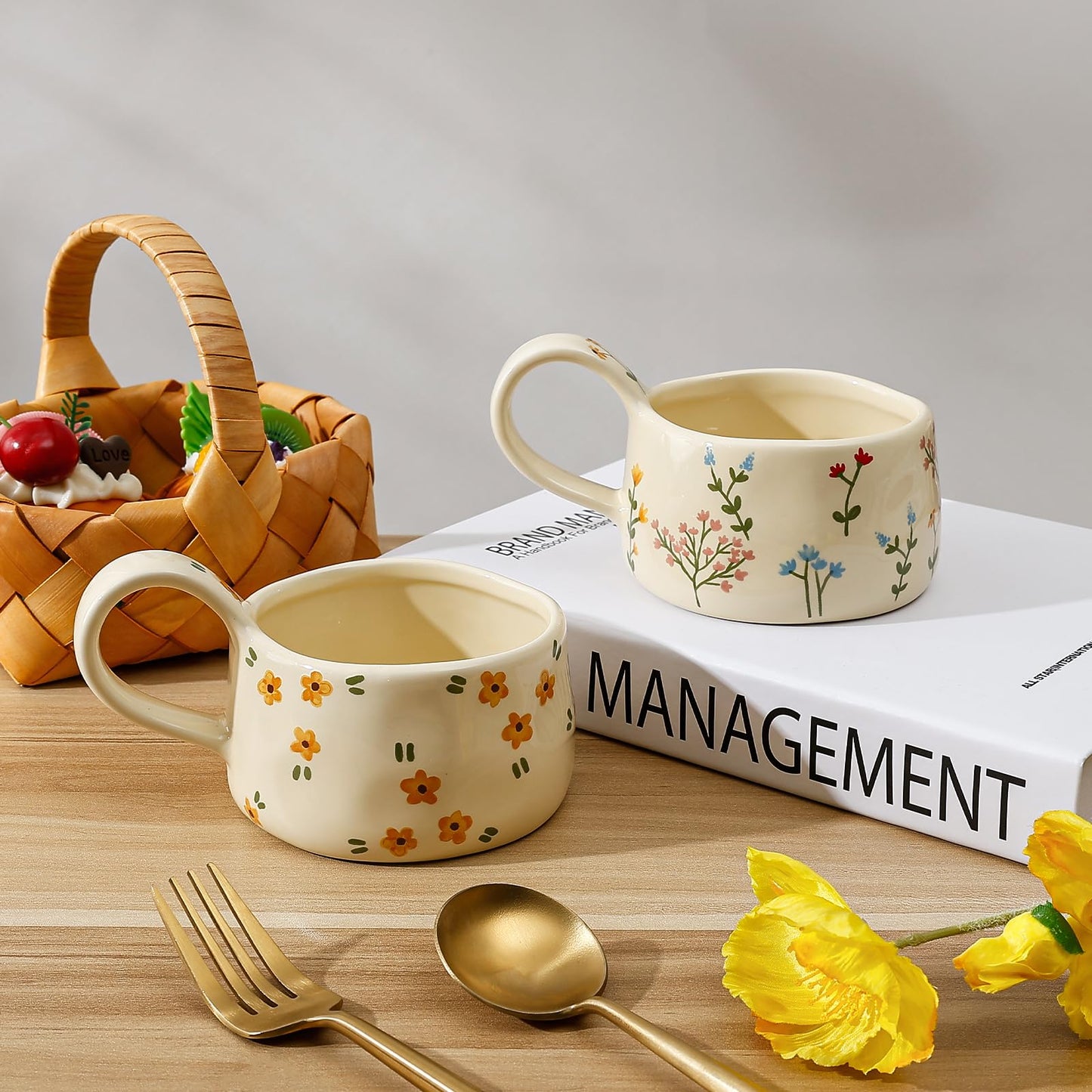 Koythin Ceramic Coffee Mug, Aesthetic Funny Mugs for Milk Cocktails Juice Latte Cappuccino, Cute Teacup with Floral Pattern for Afternoon Tea, Espresso Cups for Mom Girl, 8 oz/230 ml (Yellow Flower)